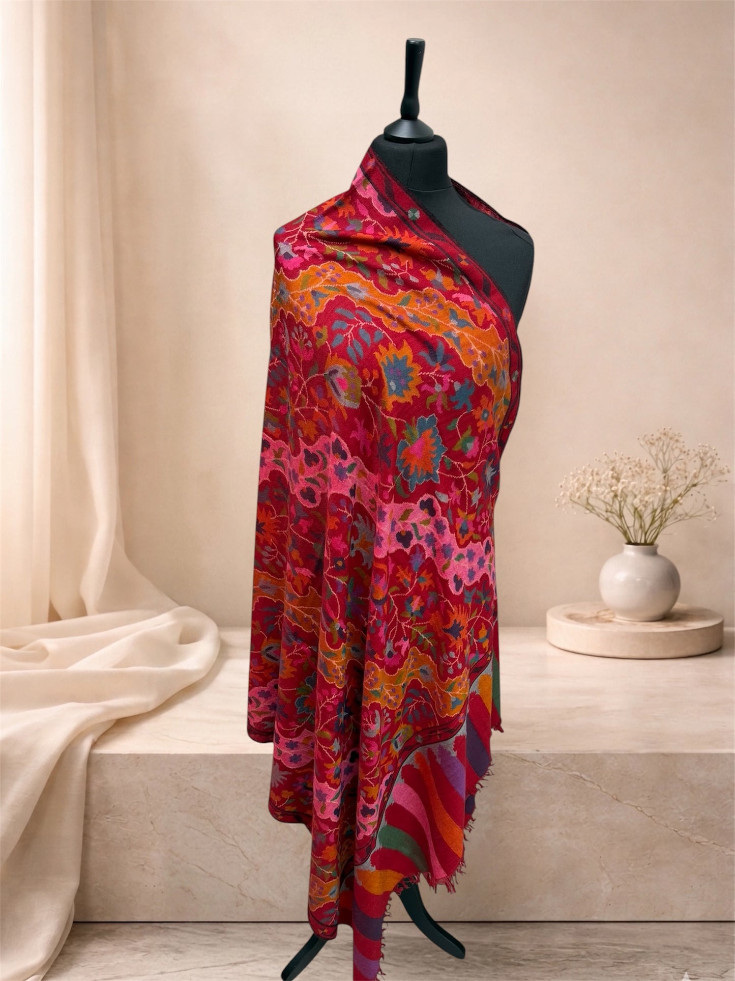 Crimson Pure Pashmina Kani Shawl with Multicolour Floral Jaal