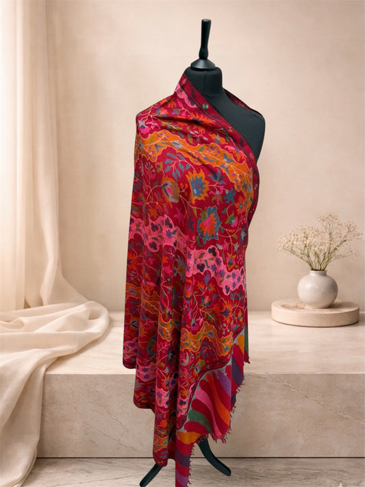 Crimson Pure Pashmina Kani Shawl with Multicolour Floral Jaal