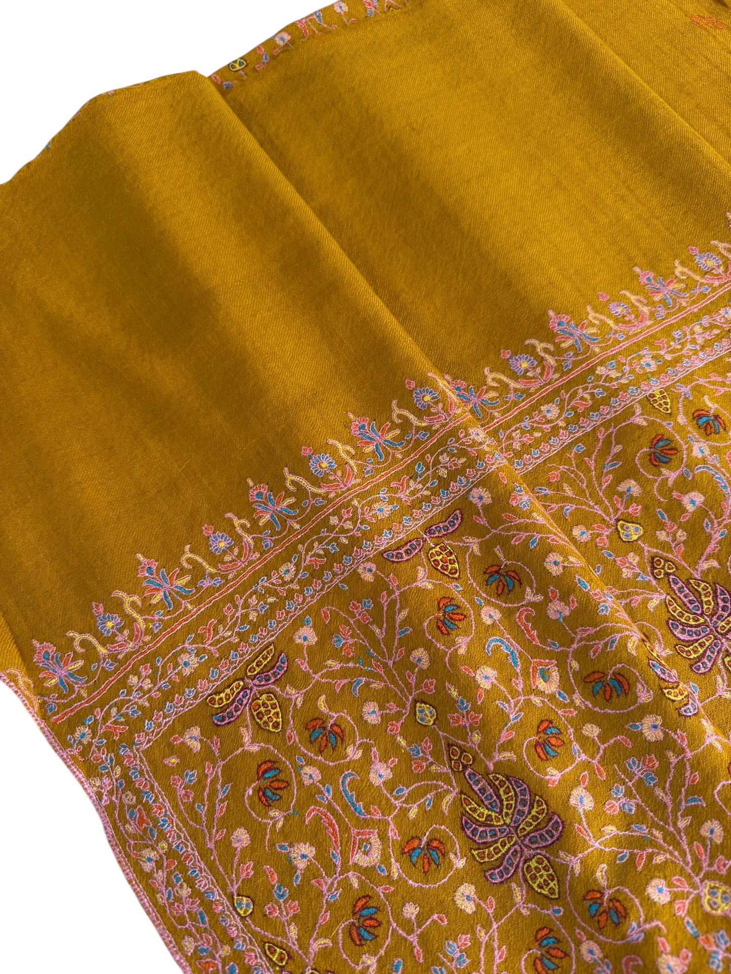 Mustard Gold Pure Pashmina Shawl with Sozni Embroidery Floral Jaal