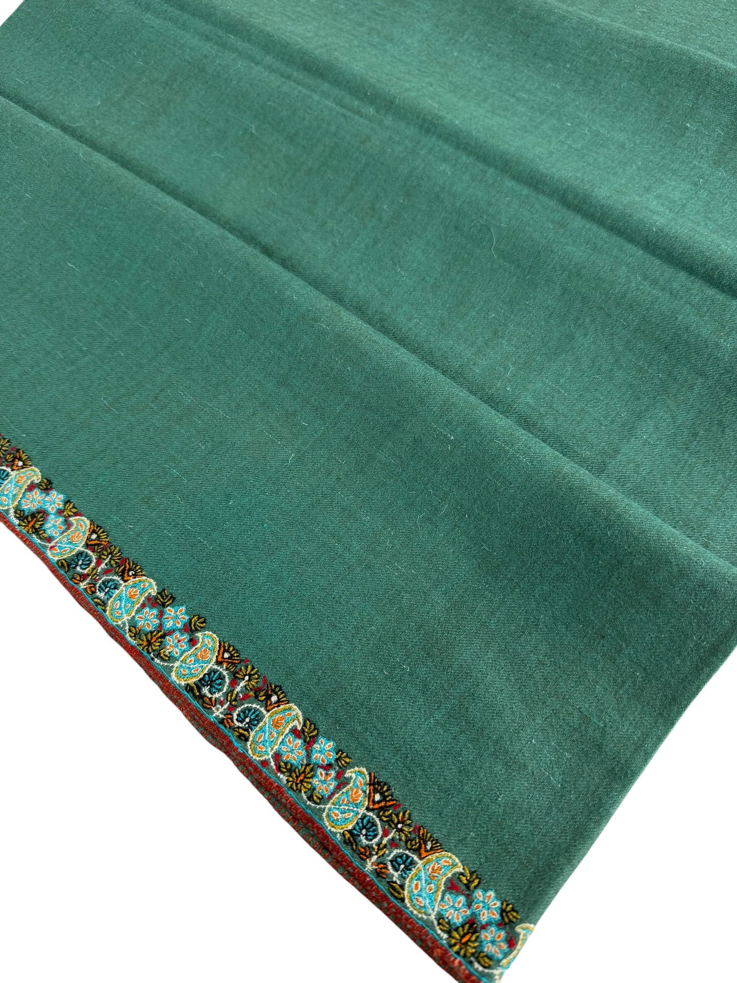 Teal Green Pure Pashmina Shawl with Sozni Paisley Border & Bird Motif
