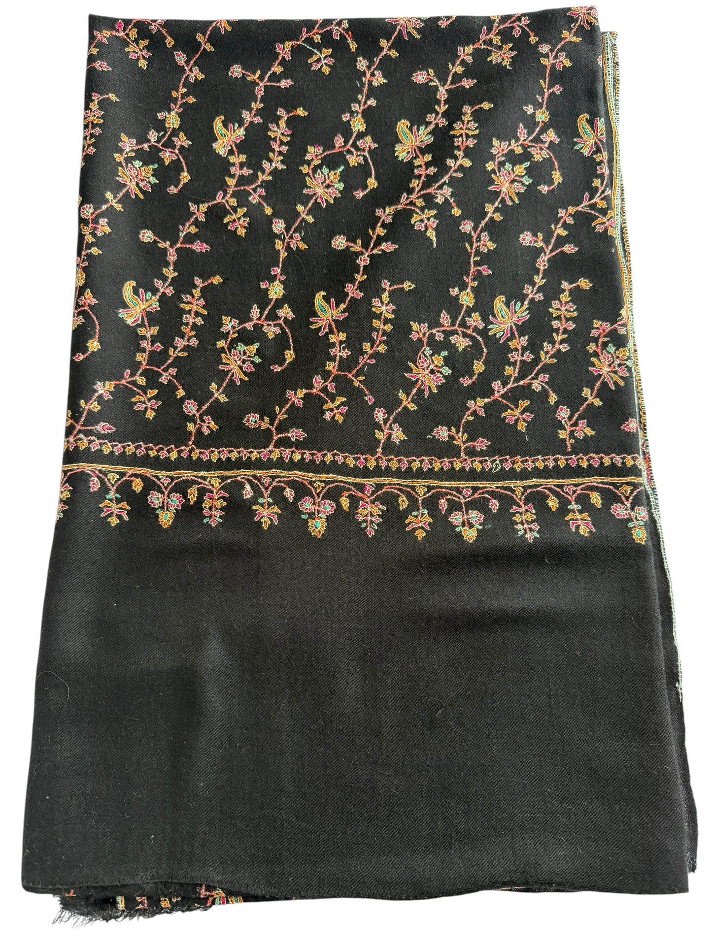 Black Pashmina Shawl with Sozni Floral Vine Embroidery