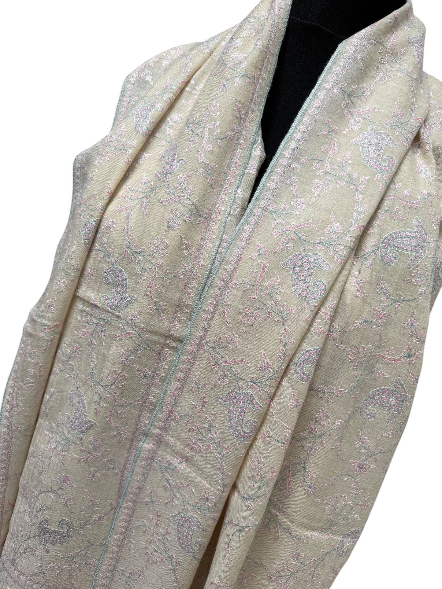 Ivory Pure Pashmina Stole with Sozni Jaal Embroidery in Pastel Multicolour
