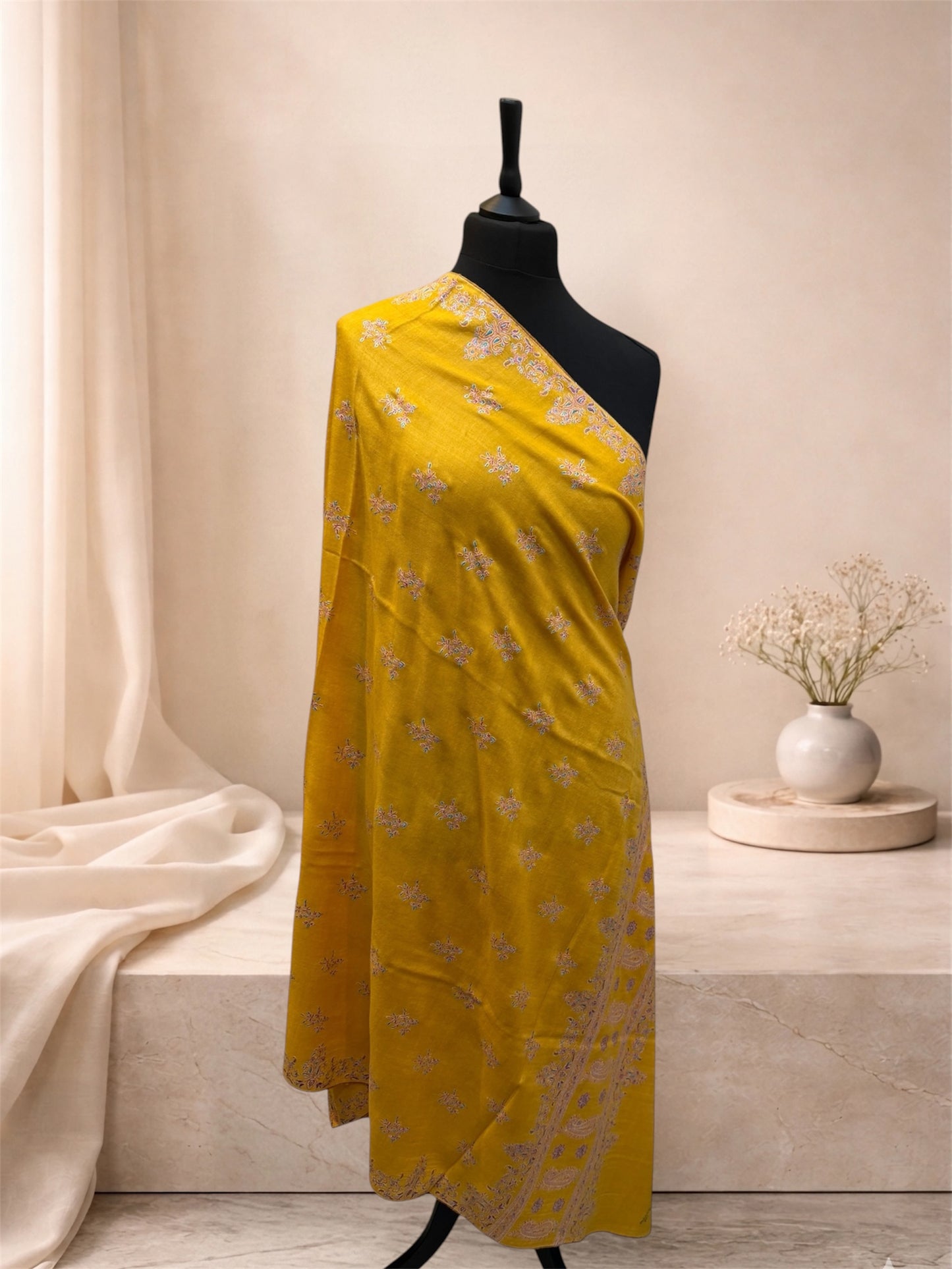 Mustard Yellow Pashmina Shawl with Sozni Paisley & Floral Border Embroidery