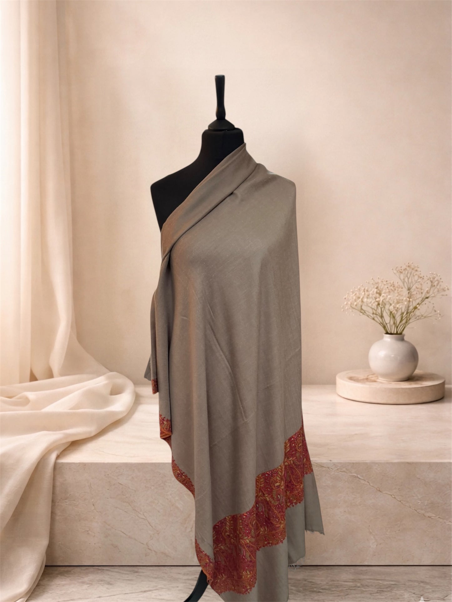 Extra Large Taupe Pashmina Shawl with Sozni Embroidered Paisley Border