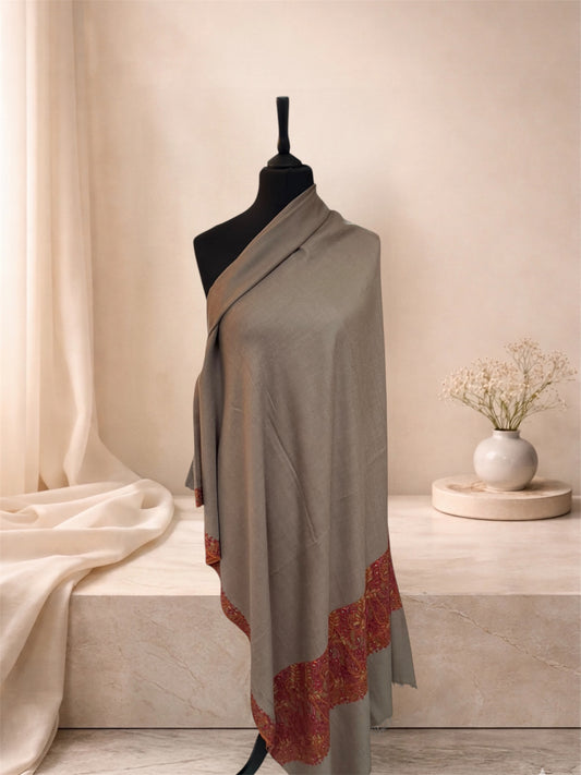 Extra Large Taupe Pashmina Shawl with Sozni Embroidered Paisley Border