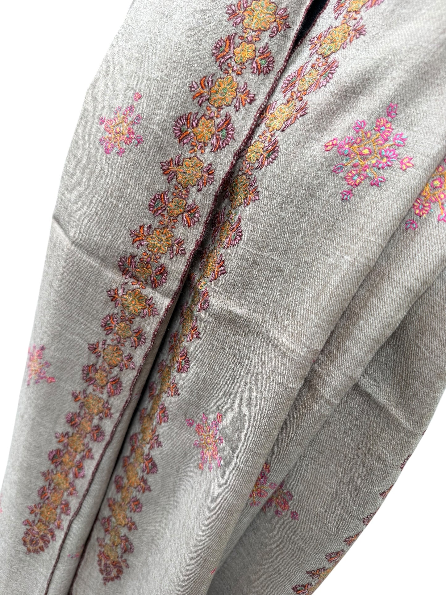 Natural Beige Pashmina Shawl with Sozni Floral Embroidery & Border
