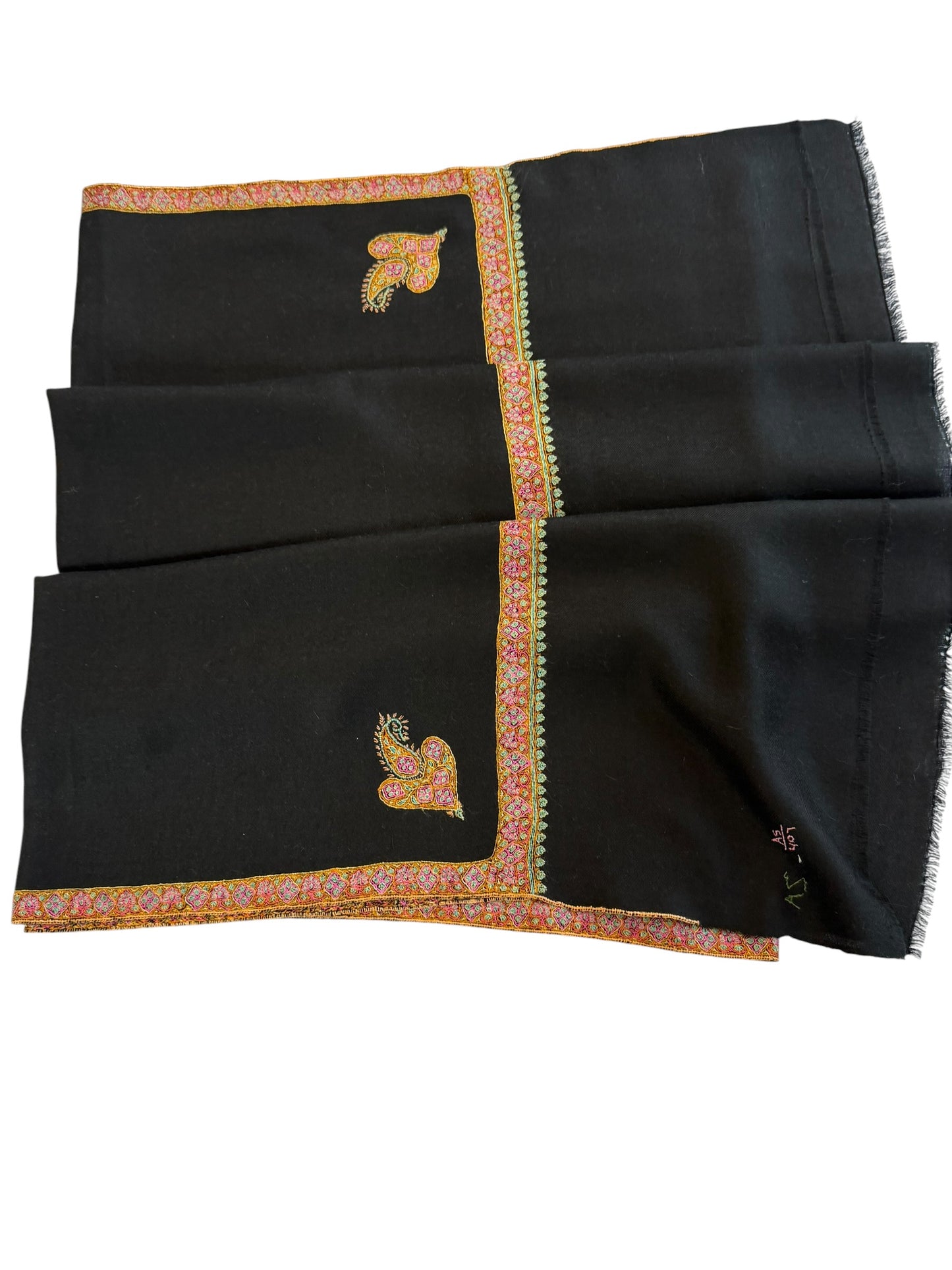 Black Pashmina Shawl with Sozni Embroidered Border & Paisley Corners