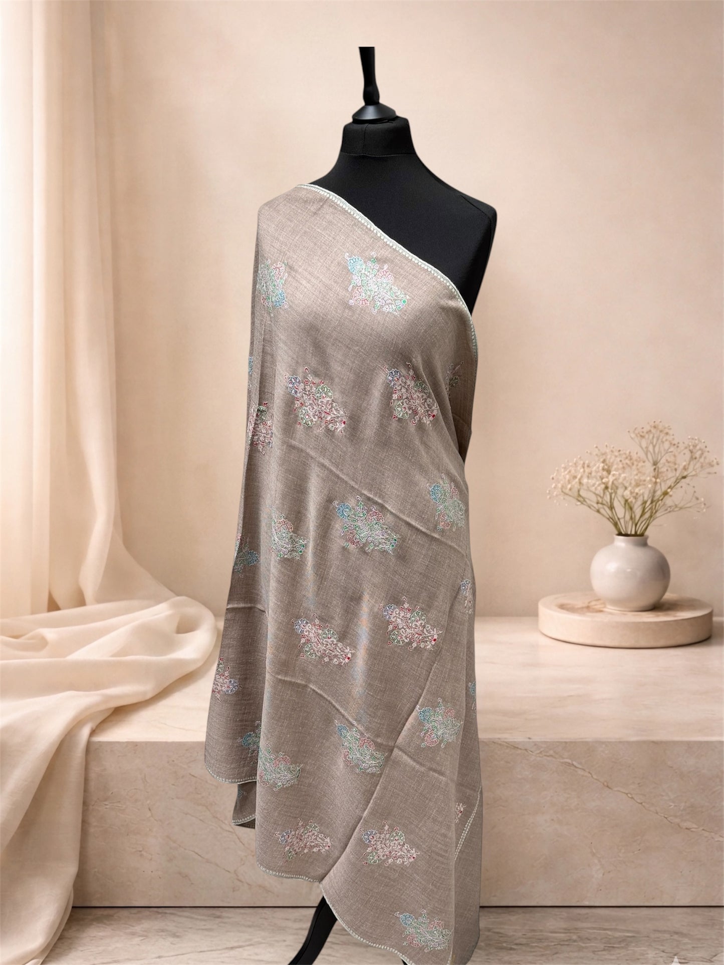 Natural Taupe Pashmina Shawl with Sozni Embroidery Buta Motifs