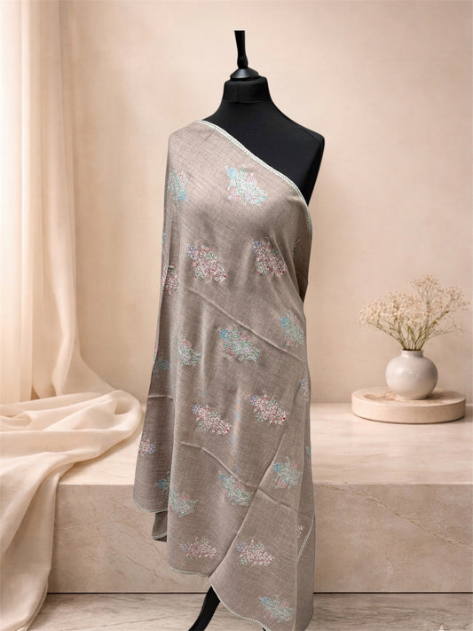 Natural Taupe Pashmina Shawl with Sozni Embroidery Buta Motifs