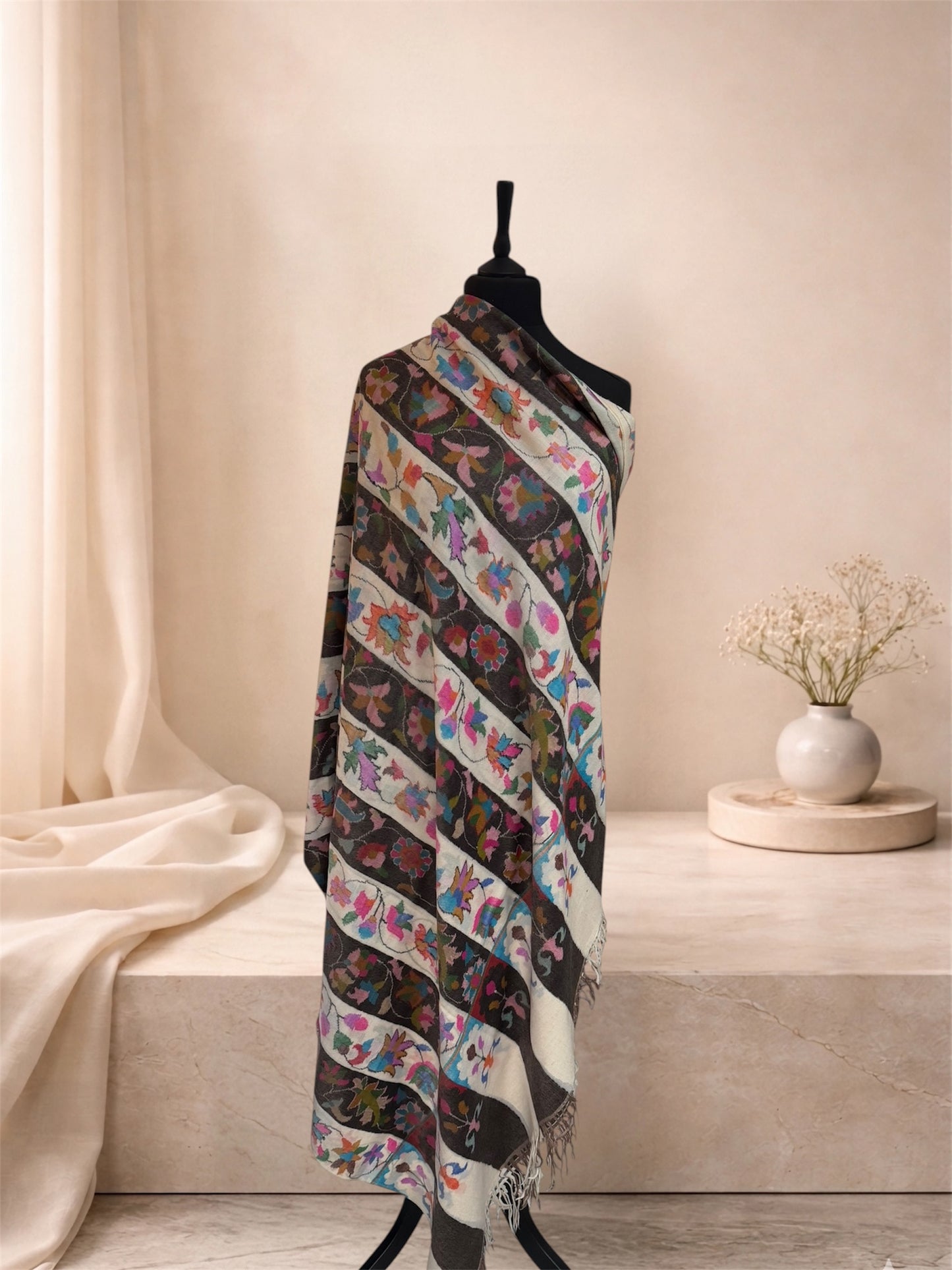 Extra Large Taupe & Ivory Pashmina Shawl with Kani Handwoven Floral Stripe Design