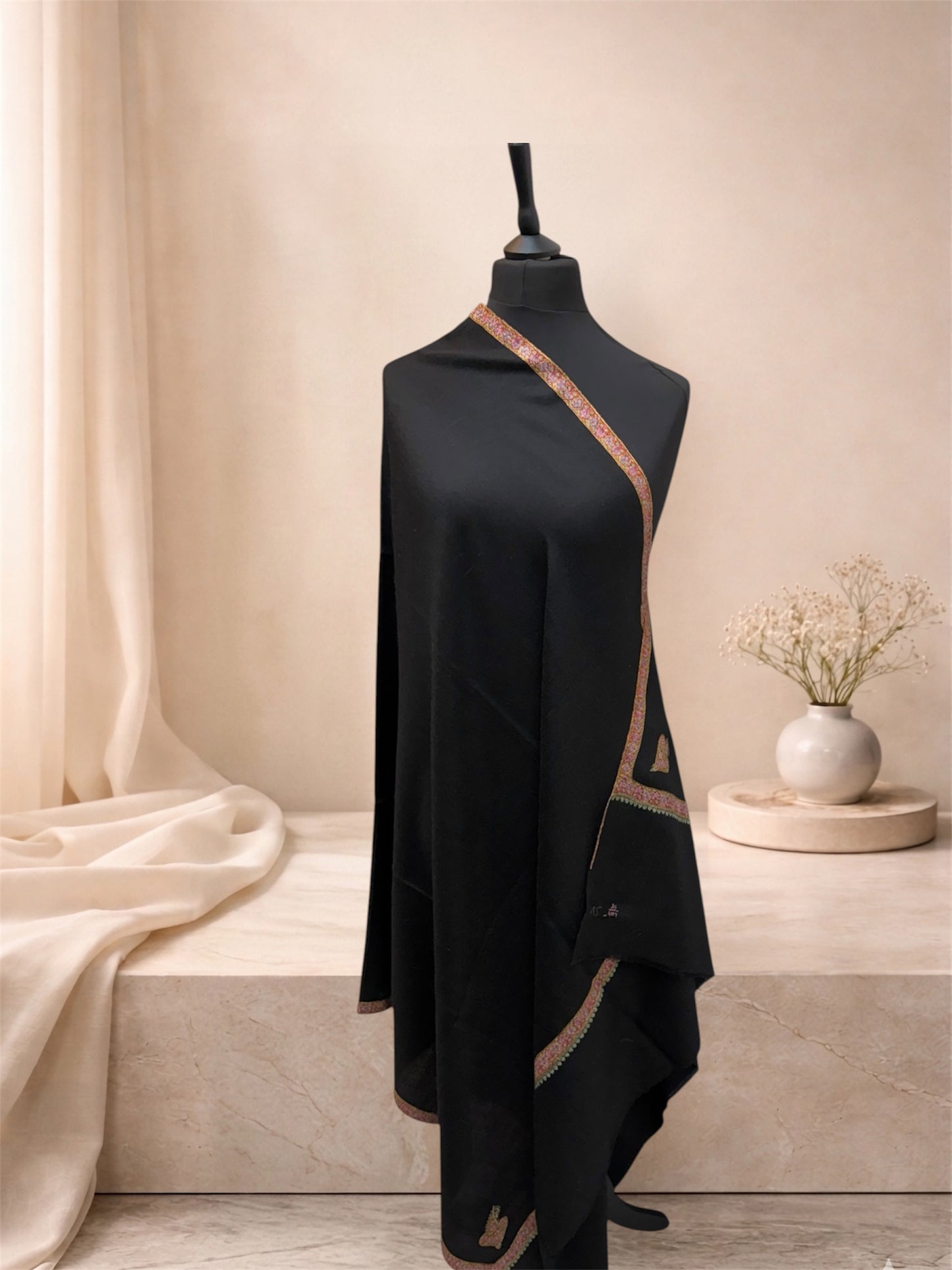 Black Pashmina Shawl with Sozni Embroidered Border & Paisley Corners