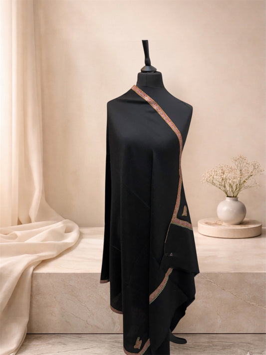 Black Pashmina Shawl with Sozni Embroidered Border & Paisley Corners