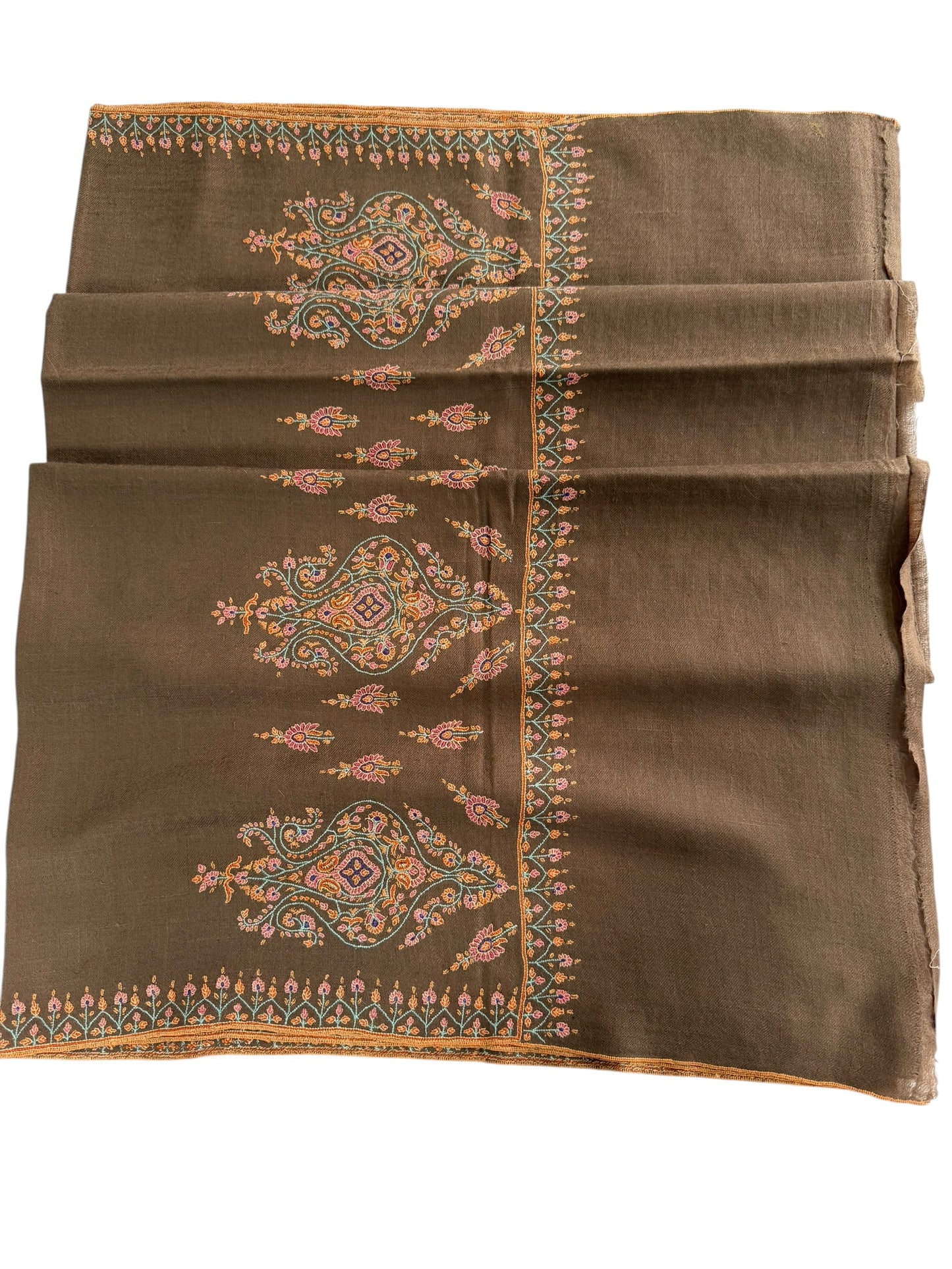 Cocoa-Brown Pure Pashmina Shawl with Sozni Embroidery Paisley Motifs