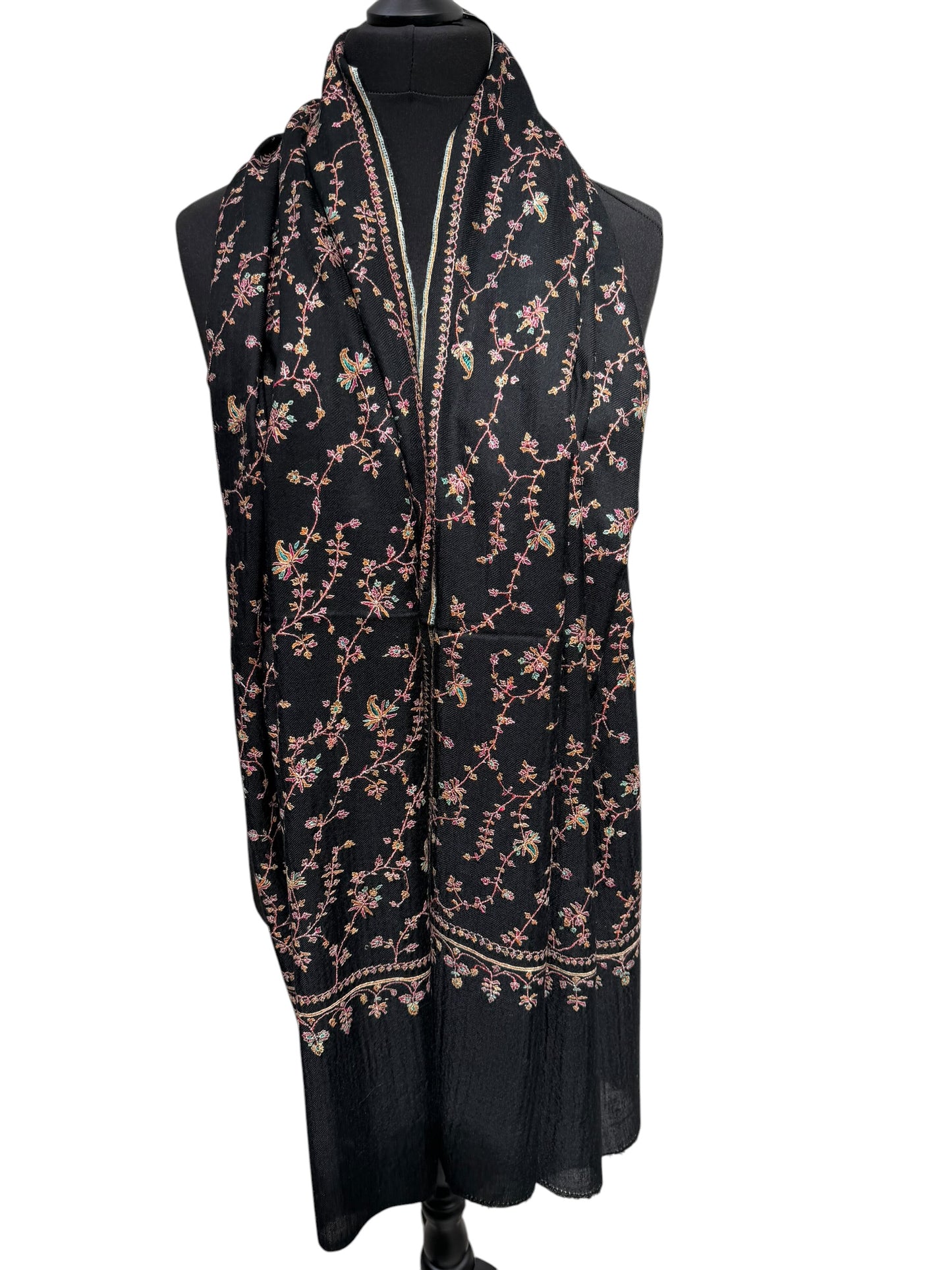 Black Pashmina Shawl with Sozni Floral Vine Embroidery
