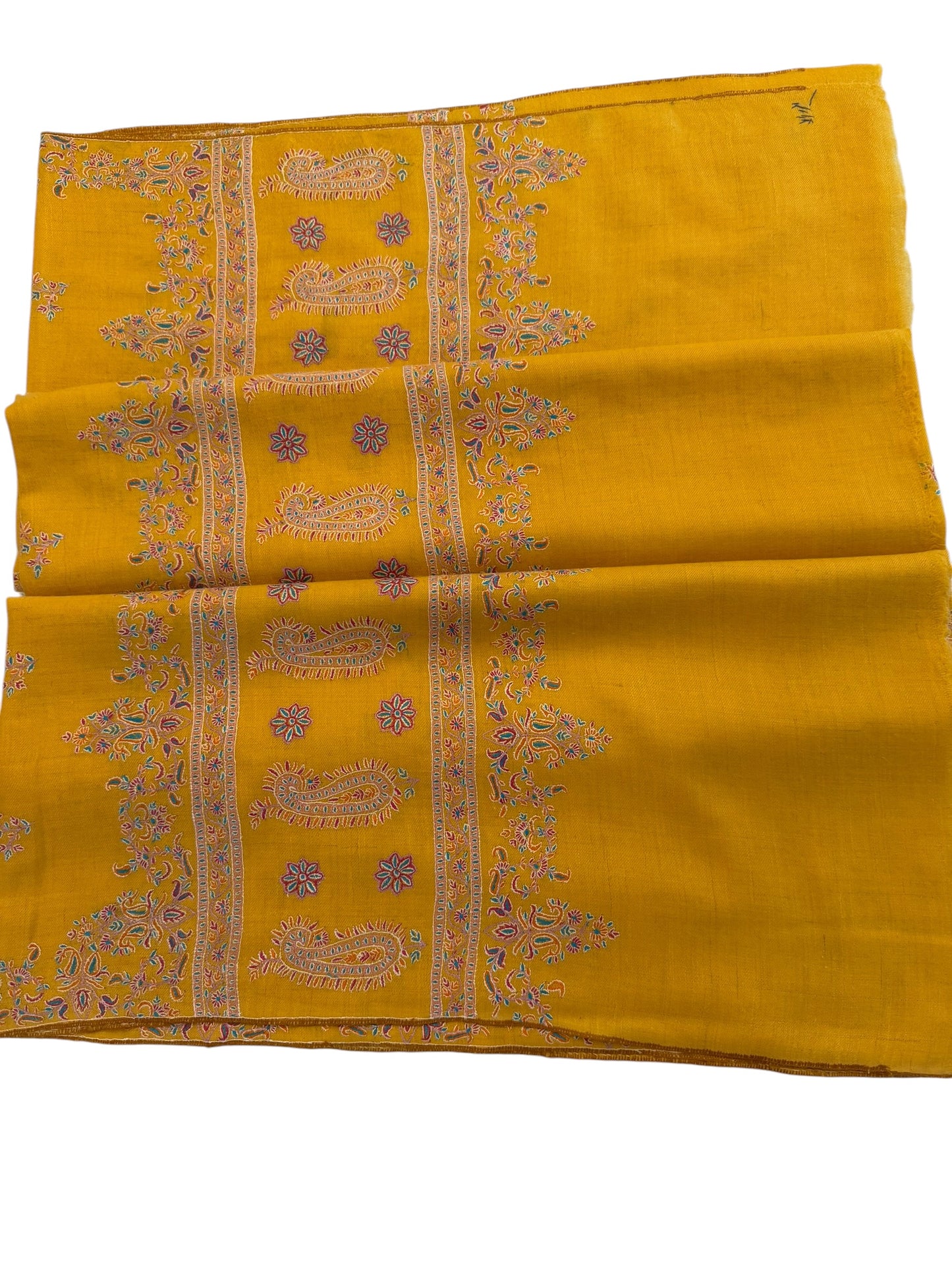 Mustard Yellow Pashmina Shawl with Sozni Paisley & Floral Border Embroidery