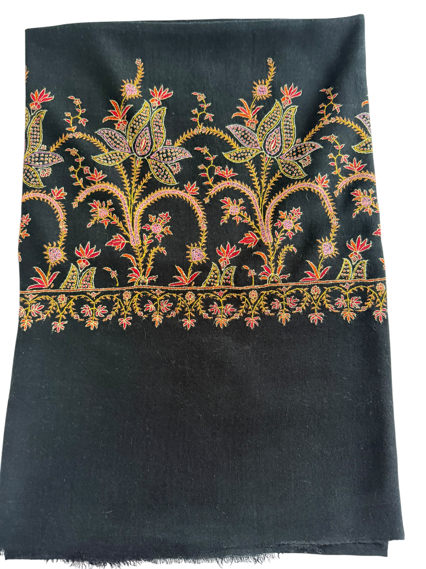 Black Pure Pashmina Shawl with Sozni Embroidered Floral Border