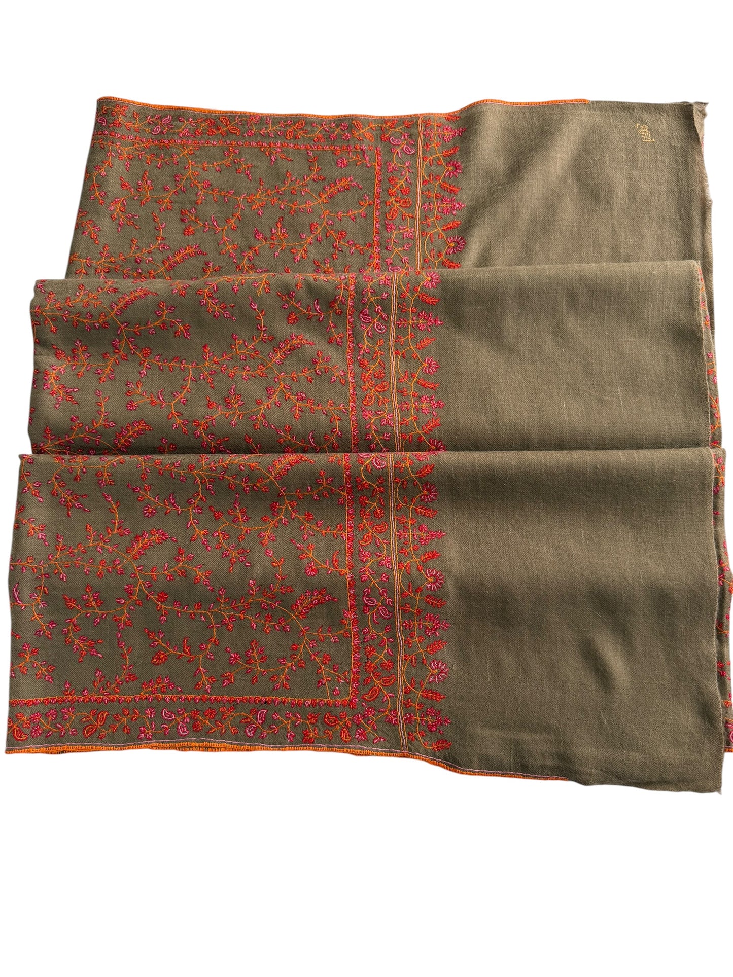 Natural Taupe Pashmina Shawl with Sozni Floral Vine Embroidery