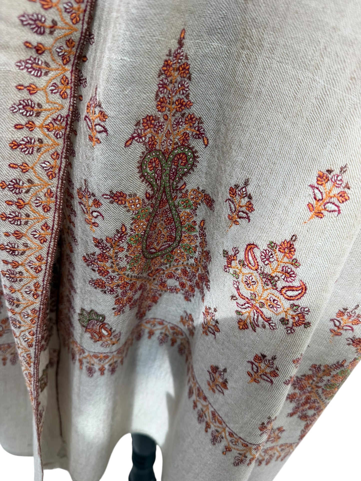 Natural Beige Pashmina Shawl with Sozni Paisley & Floral Embroidery