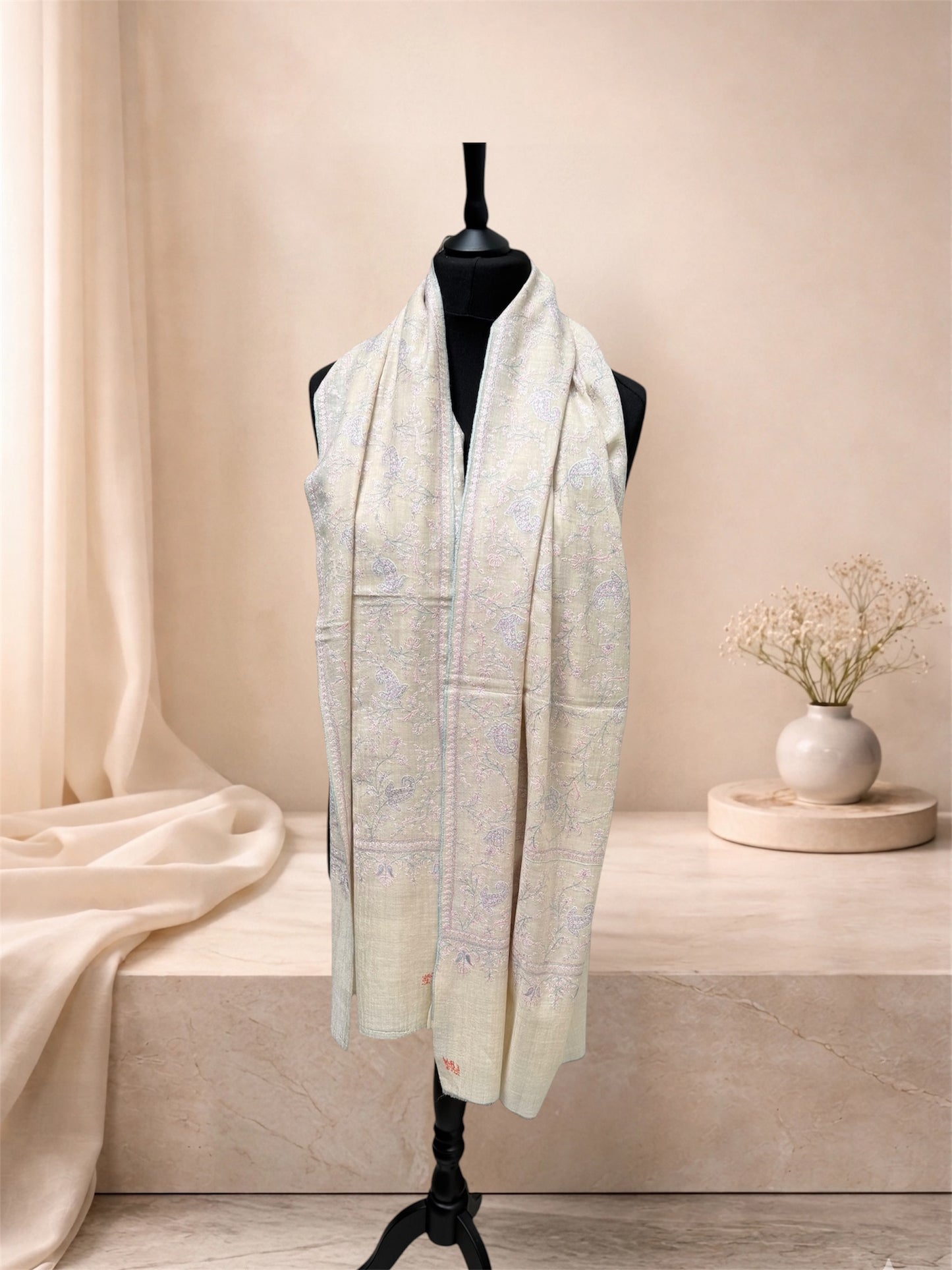 Ivory Pure Pashmina Stole with Sozni Jaal Embroidery in Pastel Multicolour