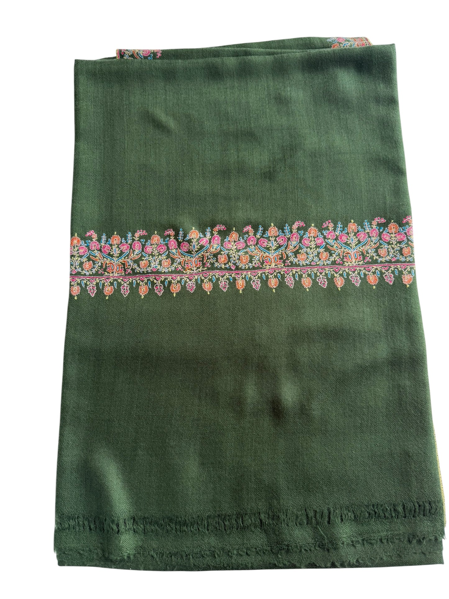 Juniper Green Pure Pashmina Shawl with Sozni Floral Border Embroidery