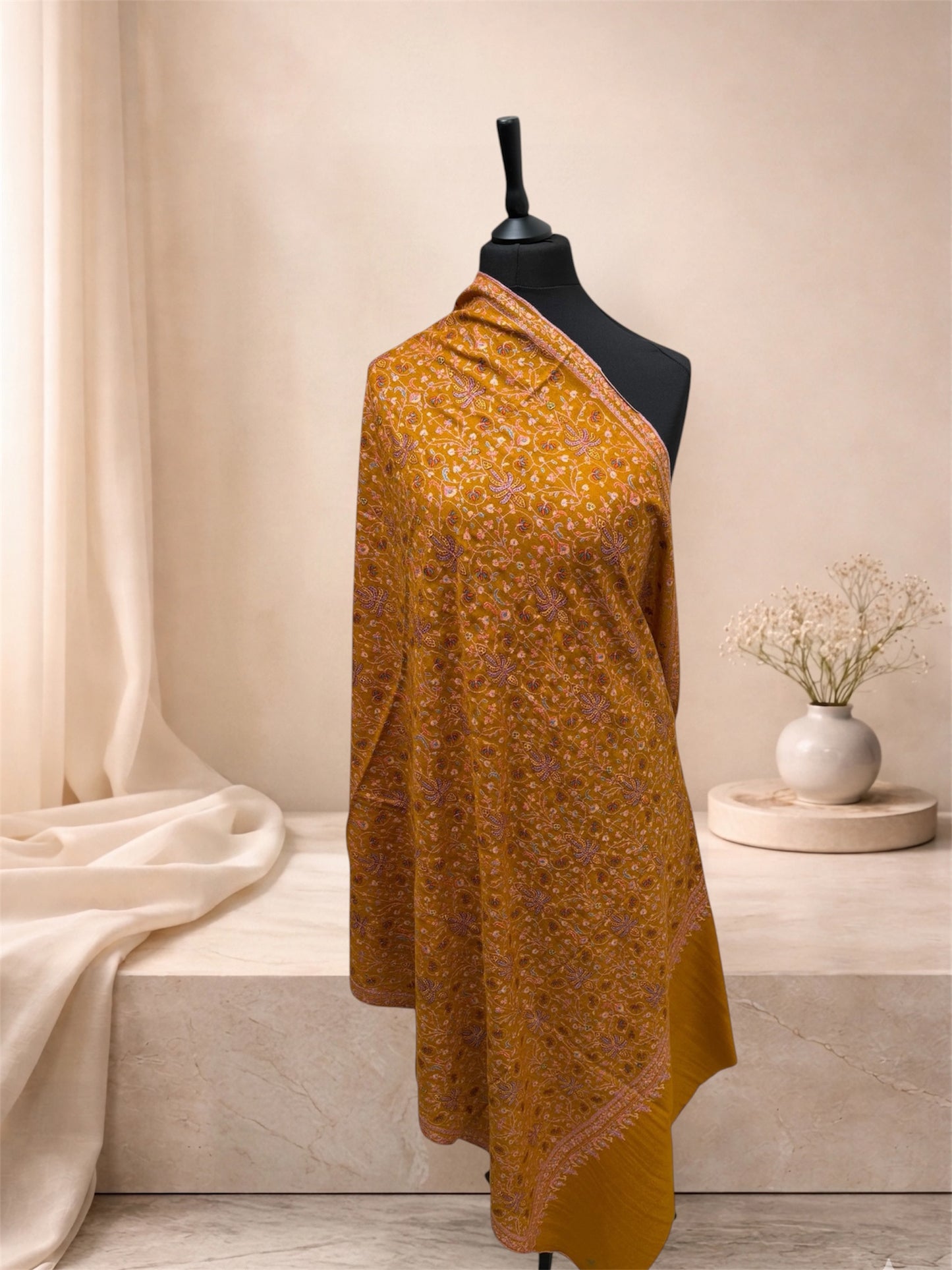 Mustard Gold Pure Pashmina Shawl with Sozni Embroidery Floral Jaal