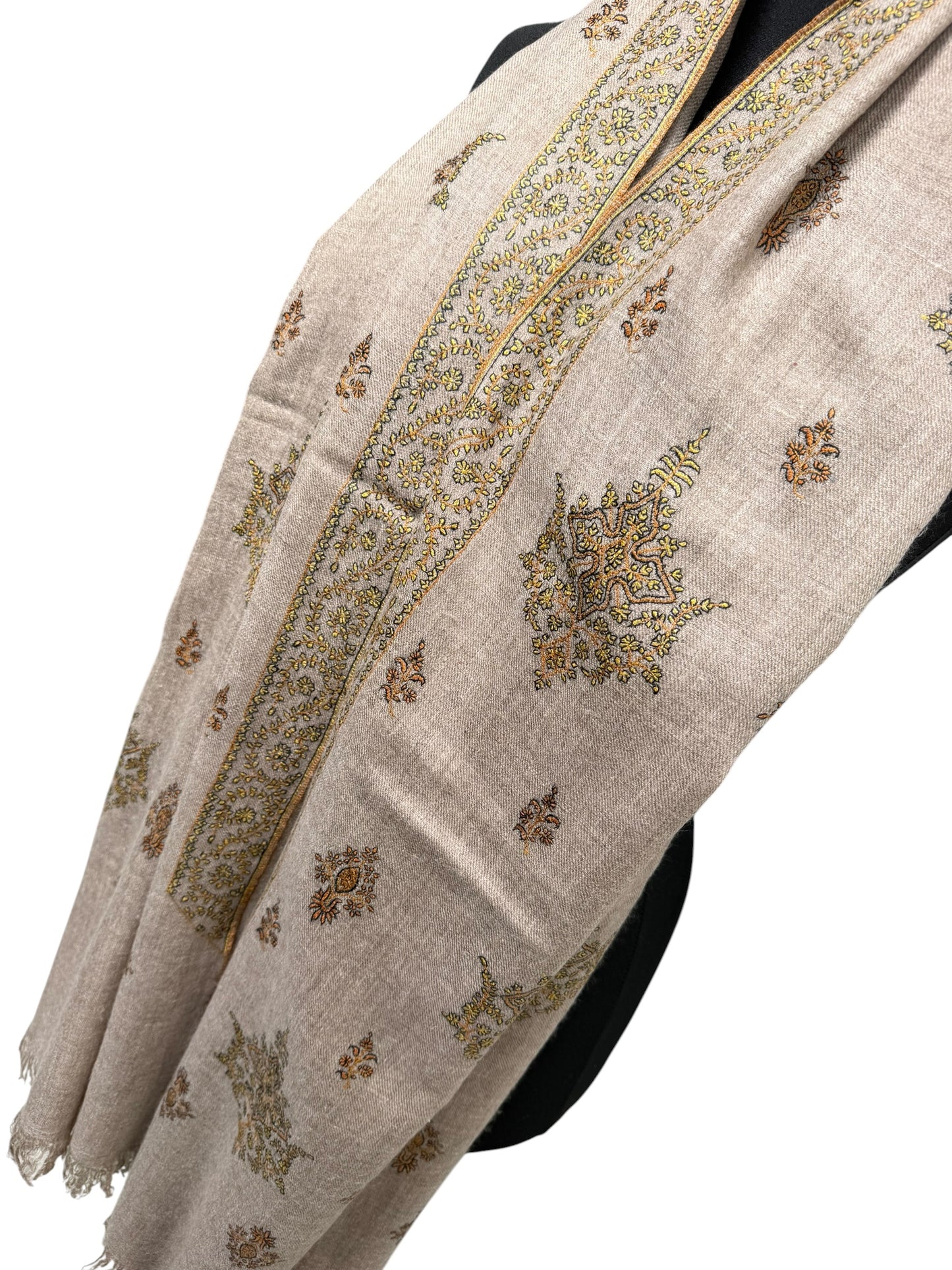 Natural Beige Pashmina Shawl with Sozni Tilla Embroidery and Star Motifs