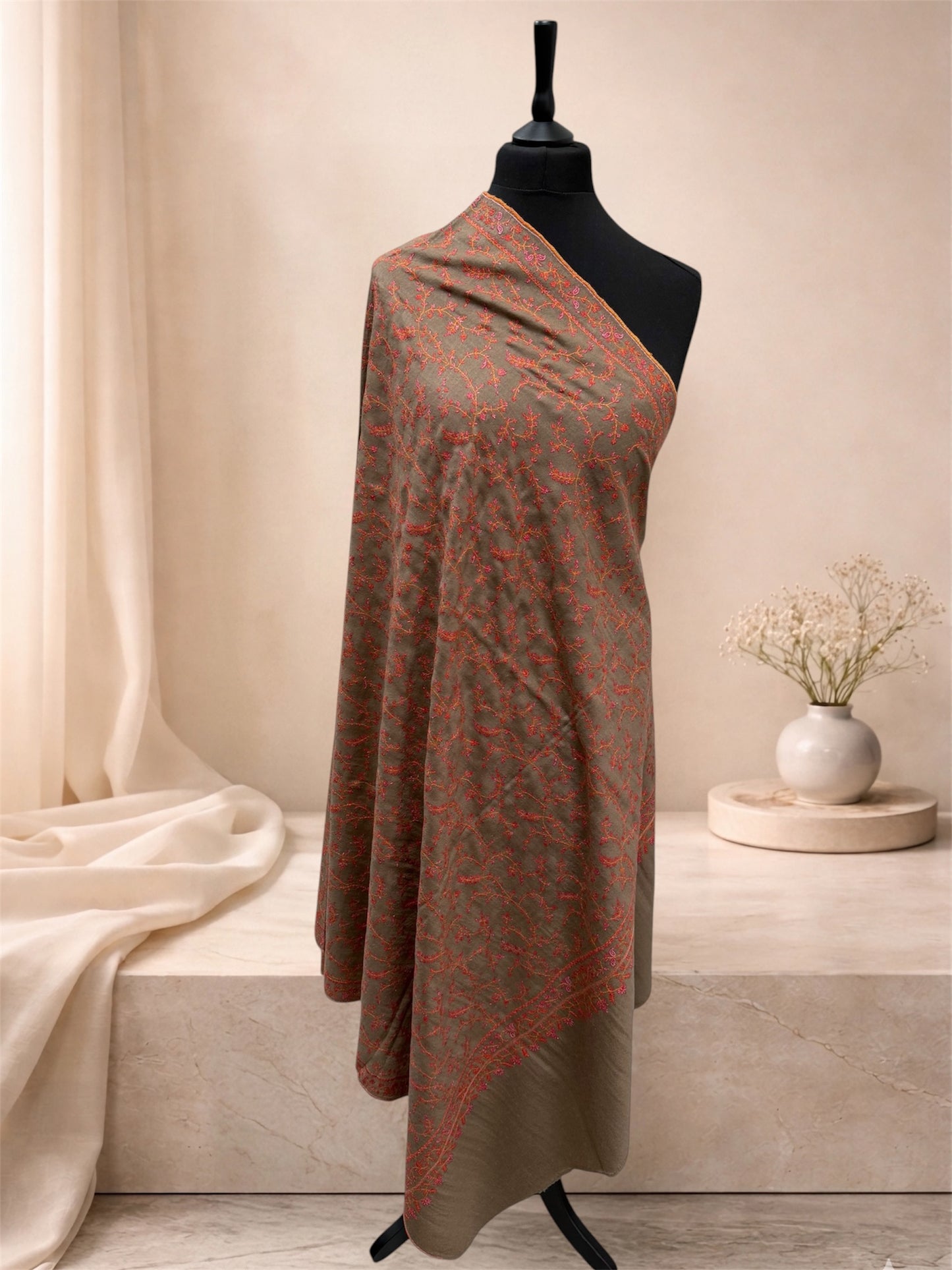 Natural Taupe Pashmina Shawl with Sozni Floral Vine Embroidery