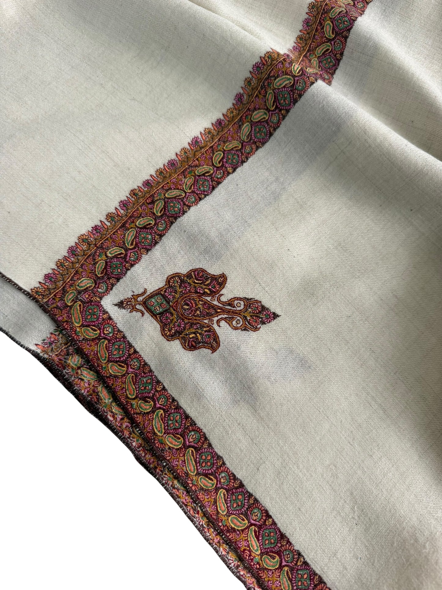 Ivory Pure Pashmina Shawl with Sozni Border & Buta Embroidery in Multicolour Paisley