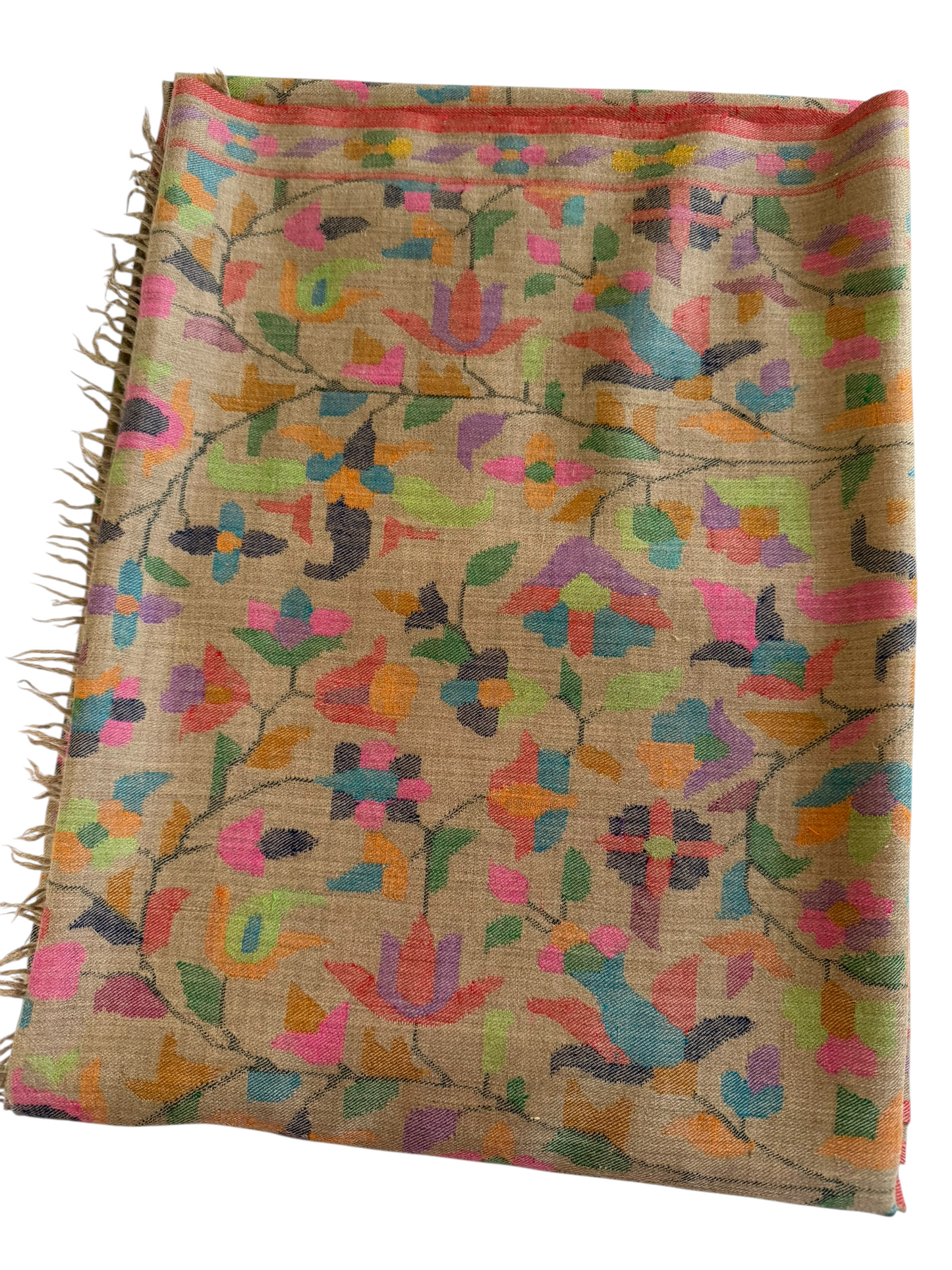 Taupe Pashmina Shawl with Kani Woven Multicolour Floral Jaal