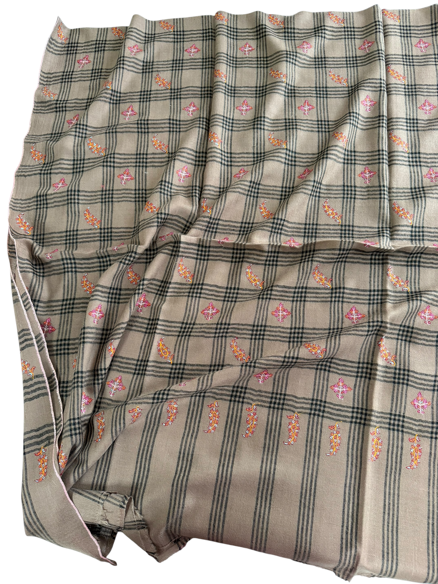 Beige Checked Pashmina Shawl with Sozni Paisley & Floral Buti Embroidery