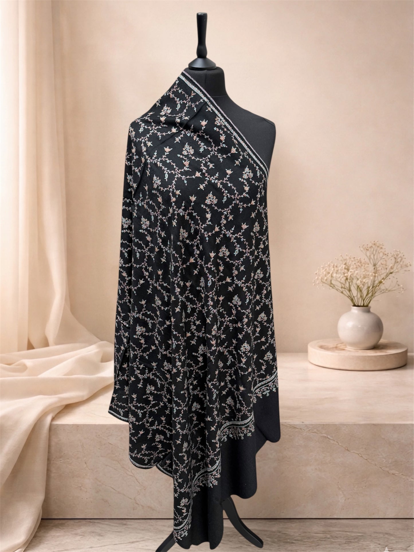Black Pure Pashmina Shawl with Sozni Jaal Embroidery in Teal & Amber Floral Vine