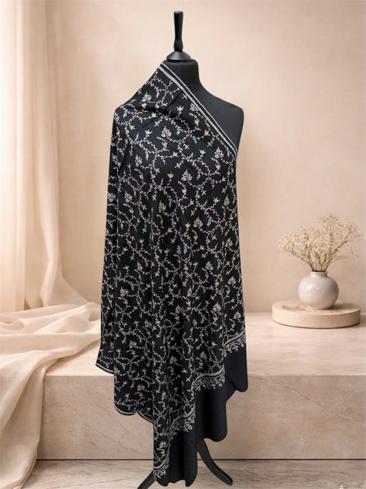 Black Pure Pashmina Shawl with Sozni Jaal Embroidery in Teal & Amber Floral Vine