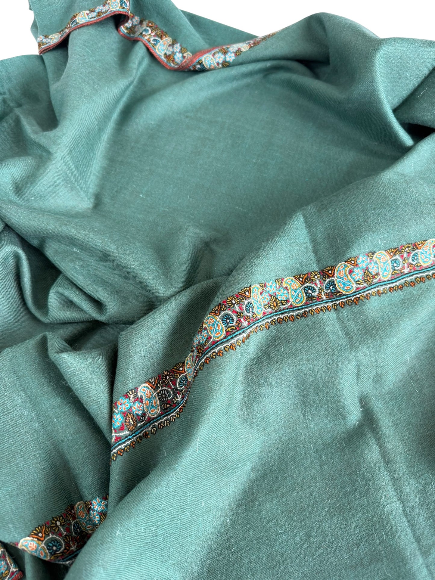 Teal Green Pure Pashmina Shawl with Sozni Paisley Border & Bird Motif