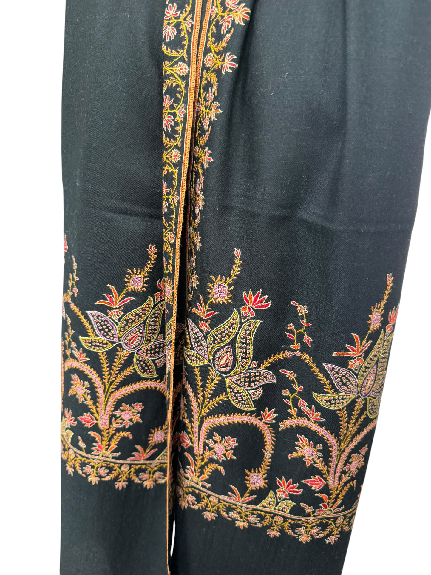 Black Pure Pashmina Shawl with Sozni Embroidered Floral Border