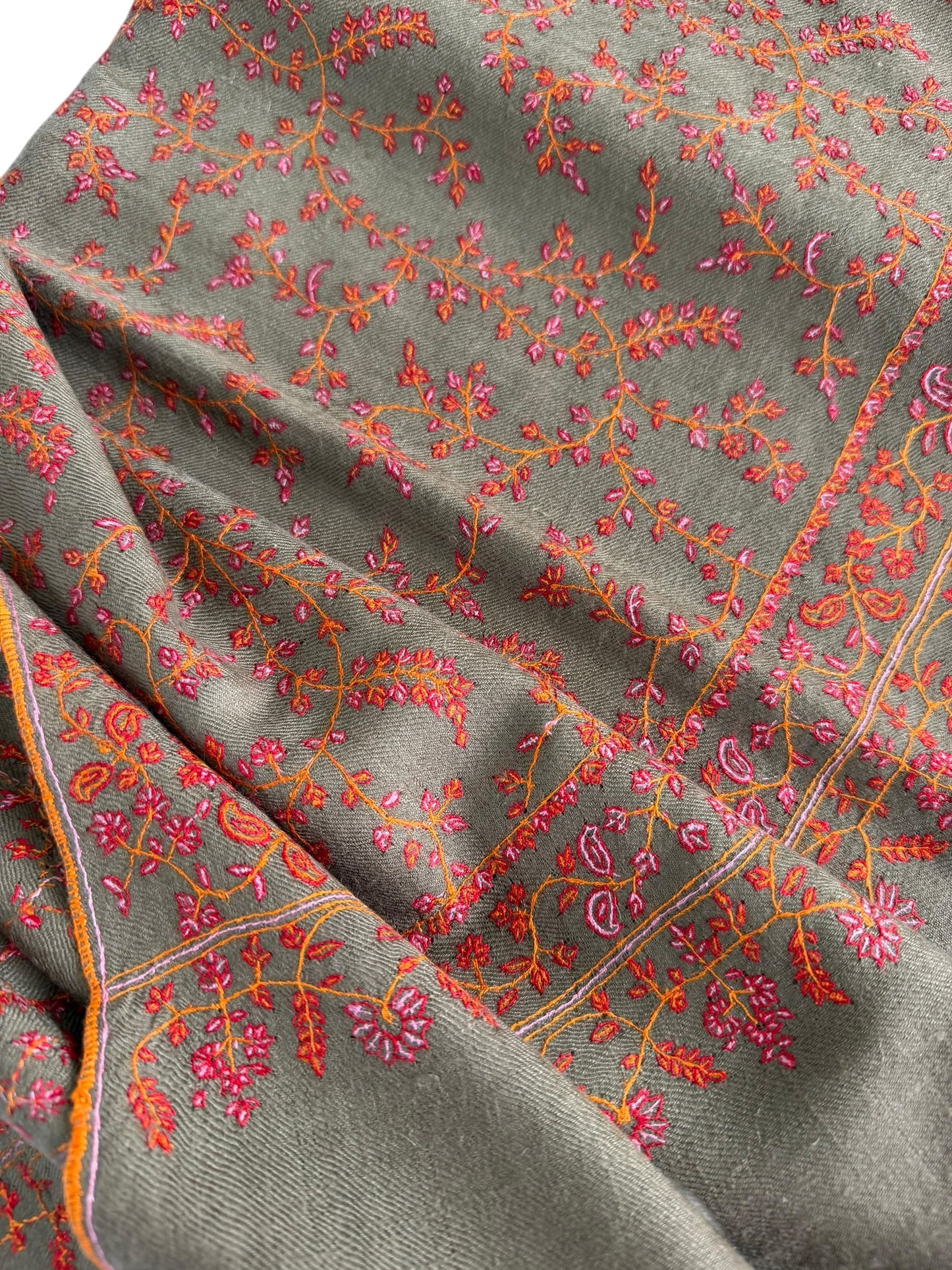 Natural Taupe Pashmina Shawl with Sozni Floral Vine Embroidery