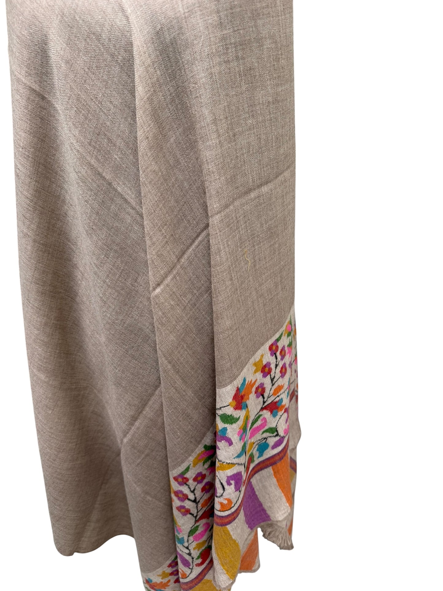 Natural Beige Pure Pashmina Kani Shawl with Multicolour Floral Border