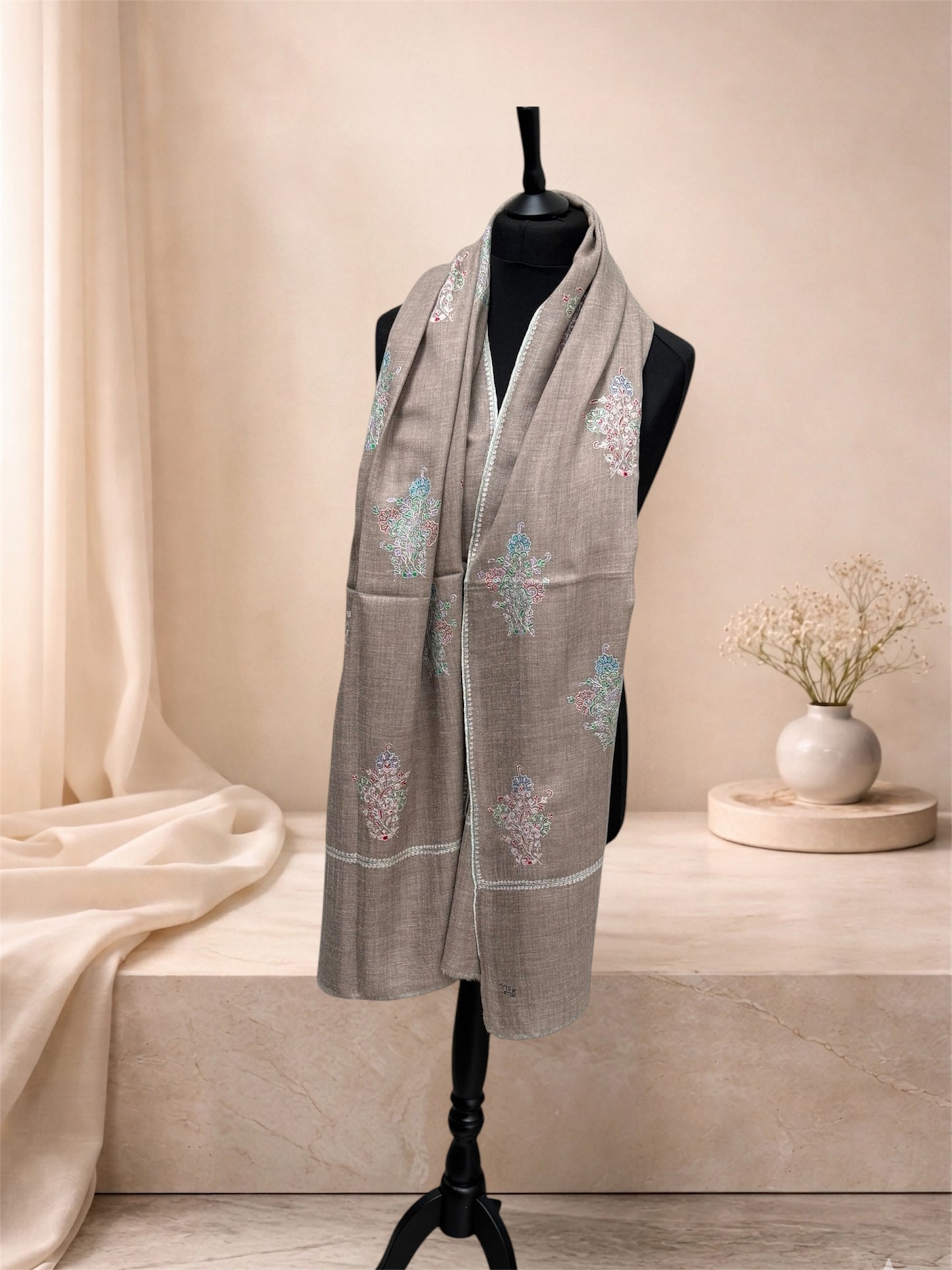 Natural Taupe Pashmina Shawl with Sozni Embroidery Buta Motifs