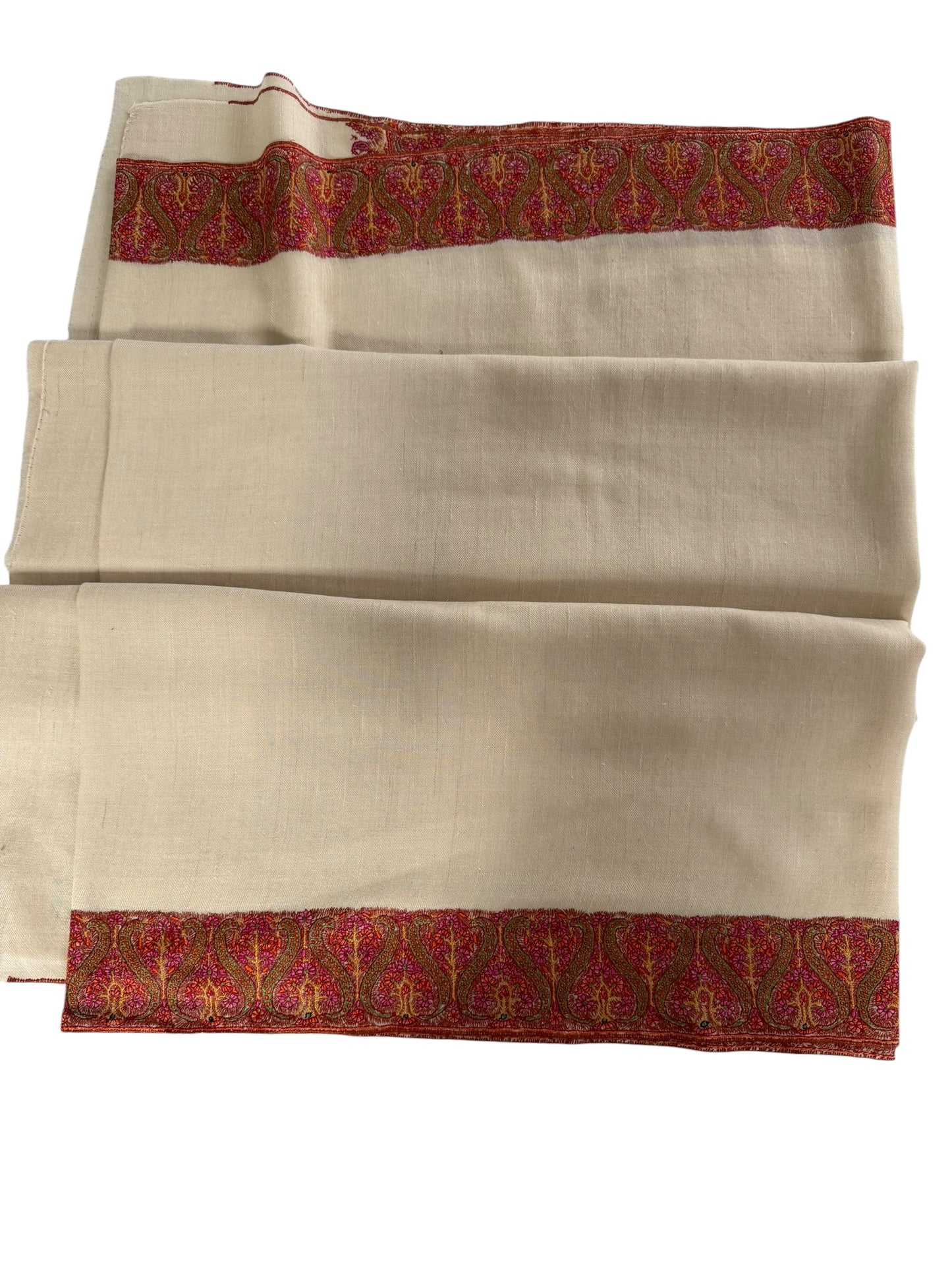 Ivory Pashmina Shawl with Sozni Paisley Border Embroidery