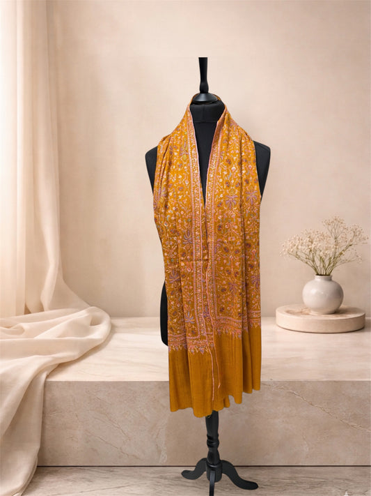 Mustard Gold Pure Pashmina Shawl with Sozni Embroidery Floral Jaal