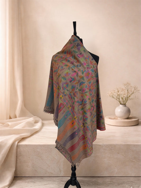 Taupe Pashmina Shawl with Kani Woven Multicolour Floral Jaal