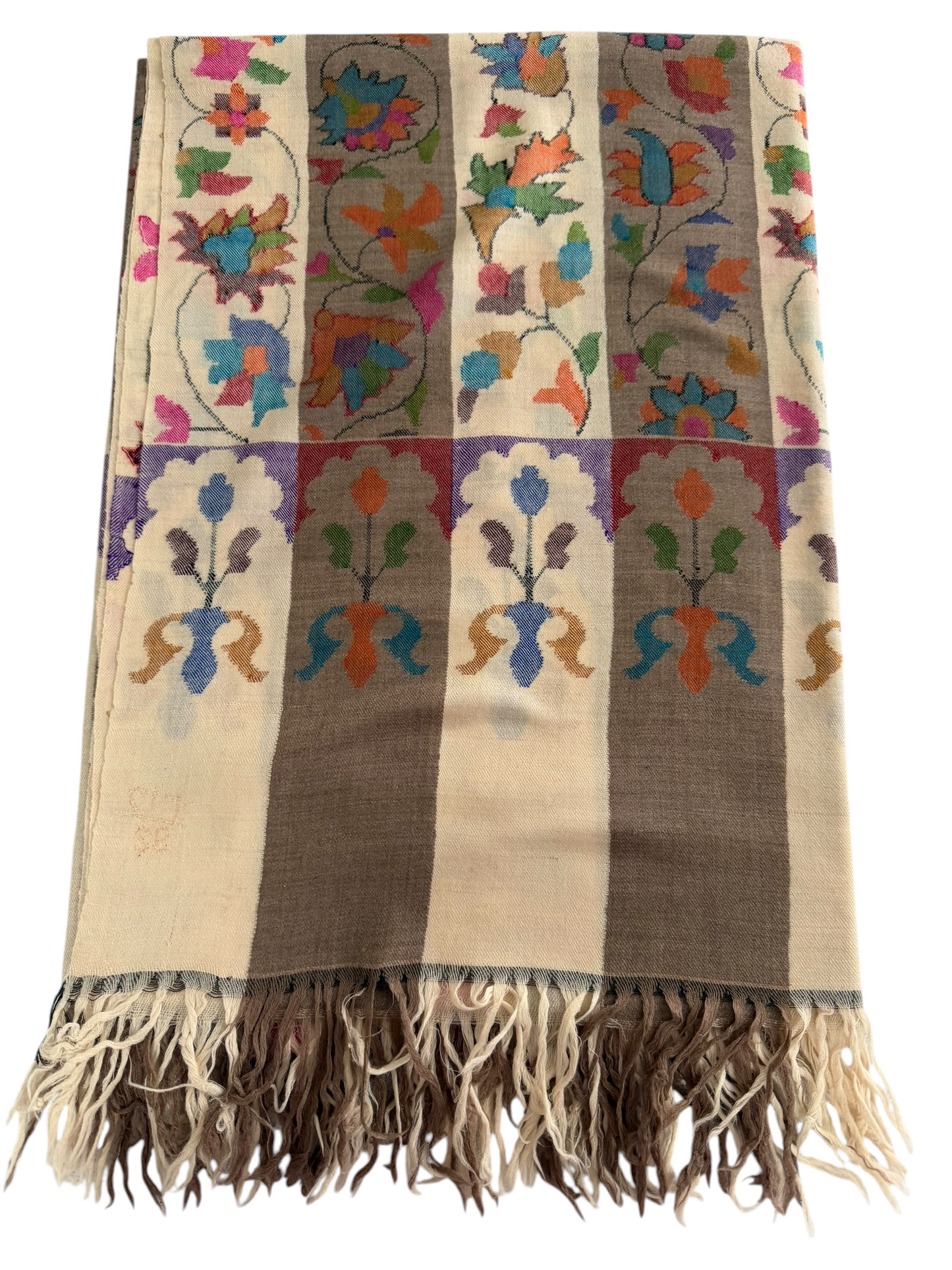 Ivory & Taupe Pure Pashmina Kani Shawl with Multicolour Floral Jaal