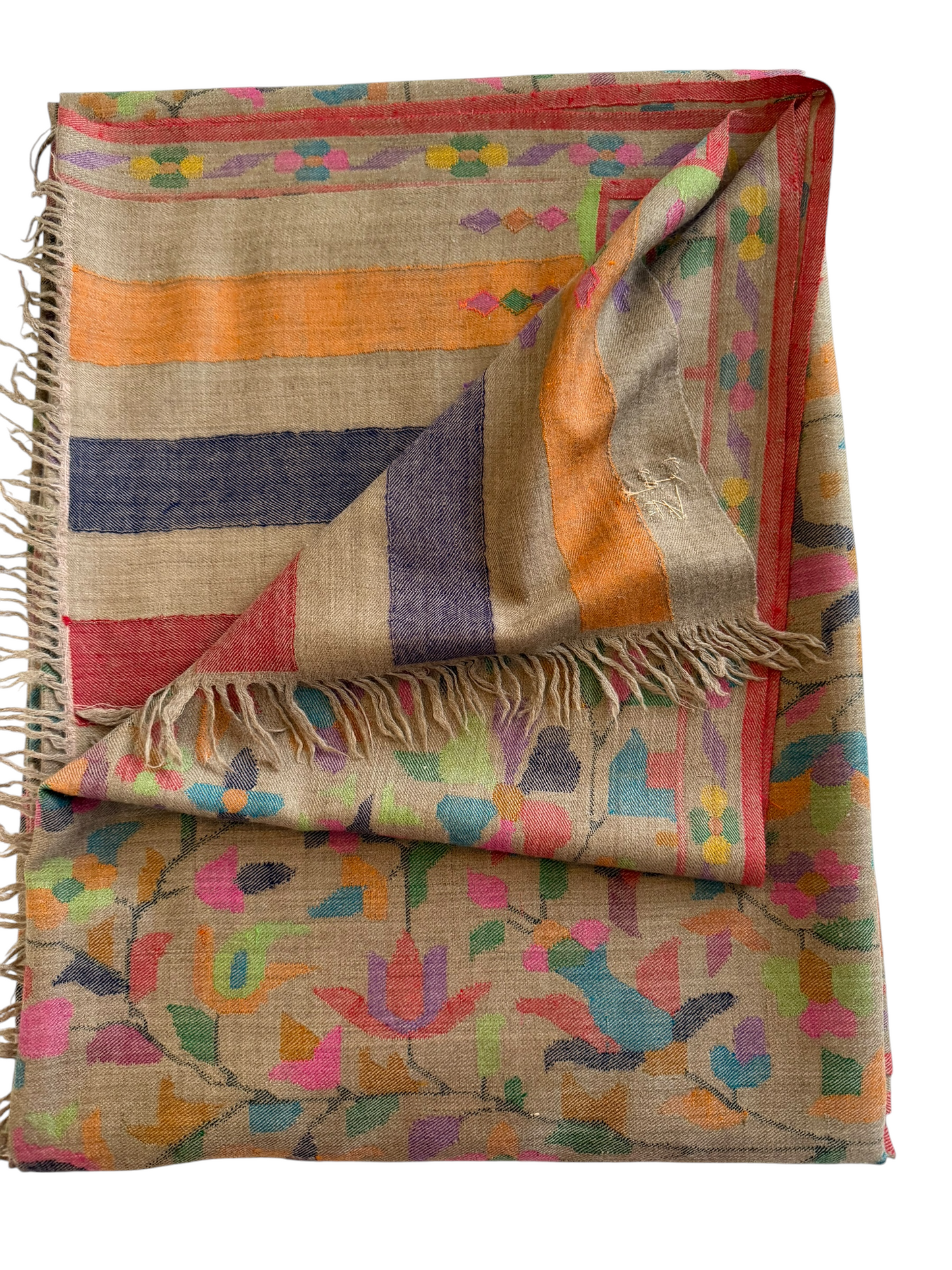 Taupe Pashmina Shawl with Kani Woven Multicolour Floral Jaal
