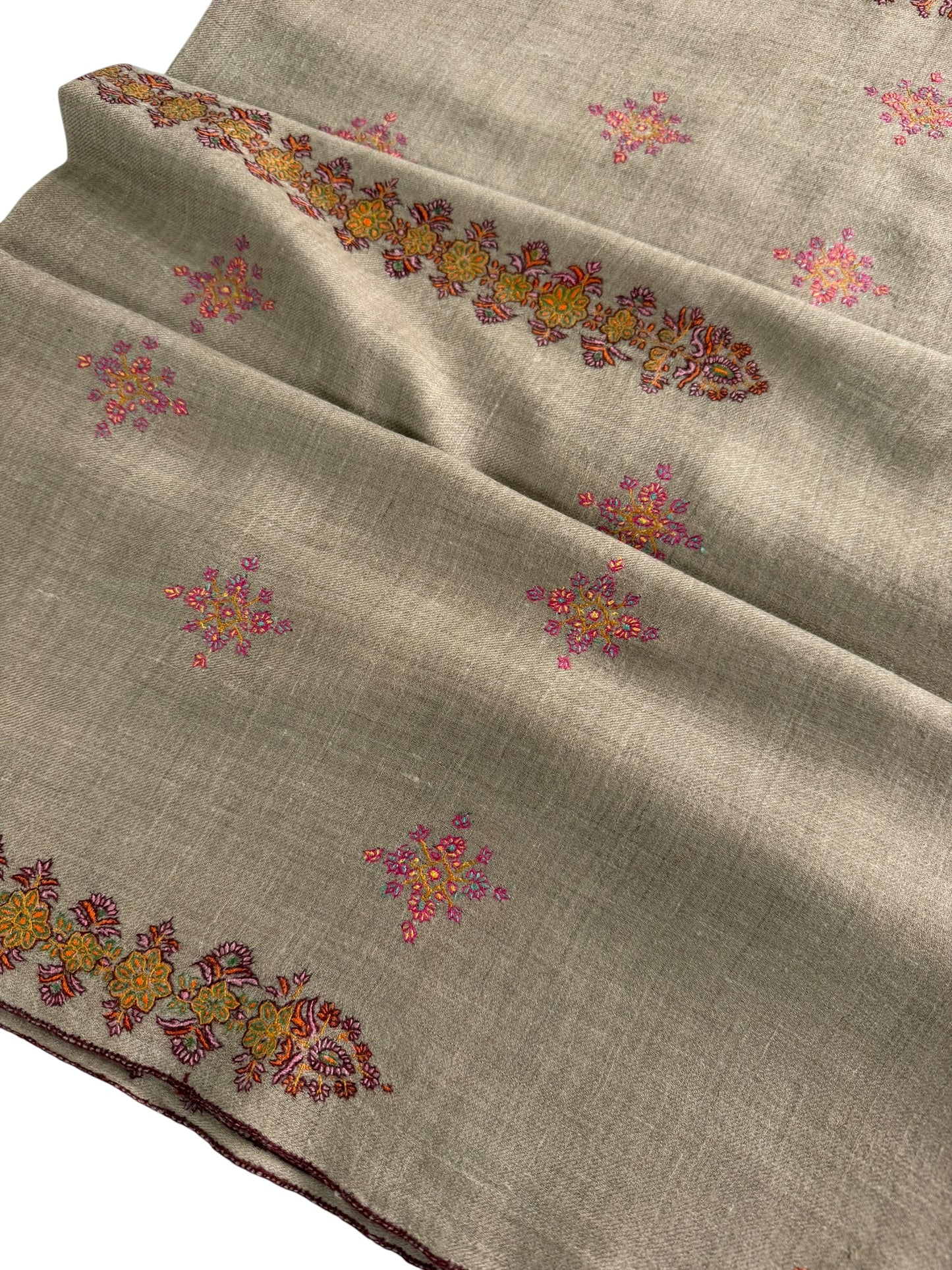 Natural Beige Pashmina Shawl with Sozni Floral Embroidery & Border