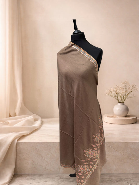 Cocoa-Brown Pure Pashmina Shawl with Sozni Embroidery Paisley Motifs