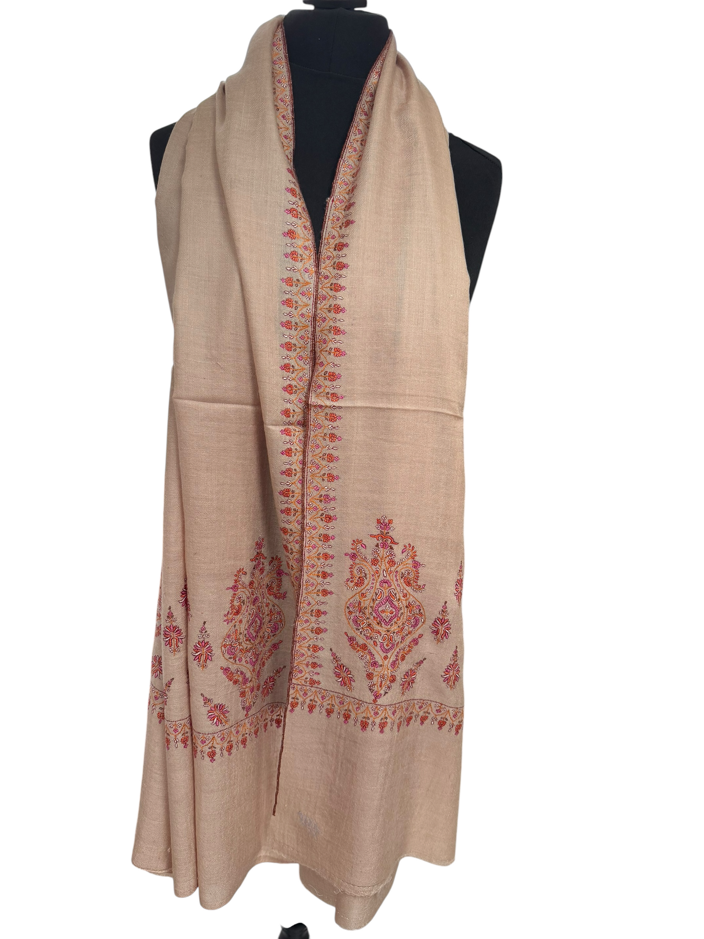 Beige Pashmina Shawl with Sozni Paisley Border Embroidery