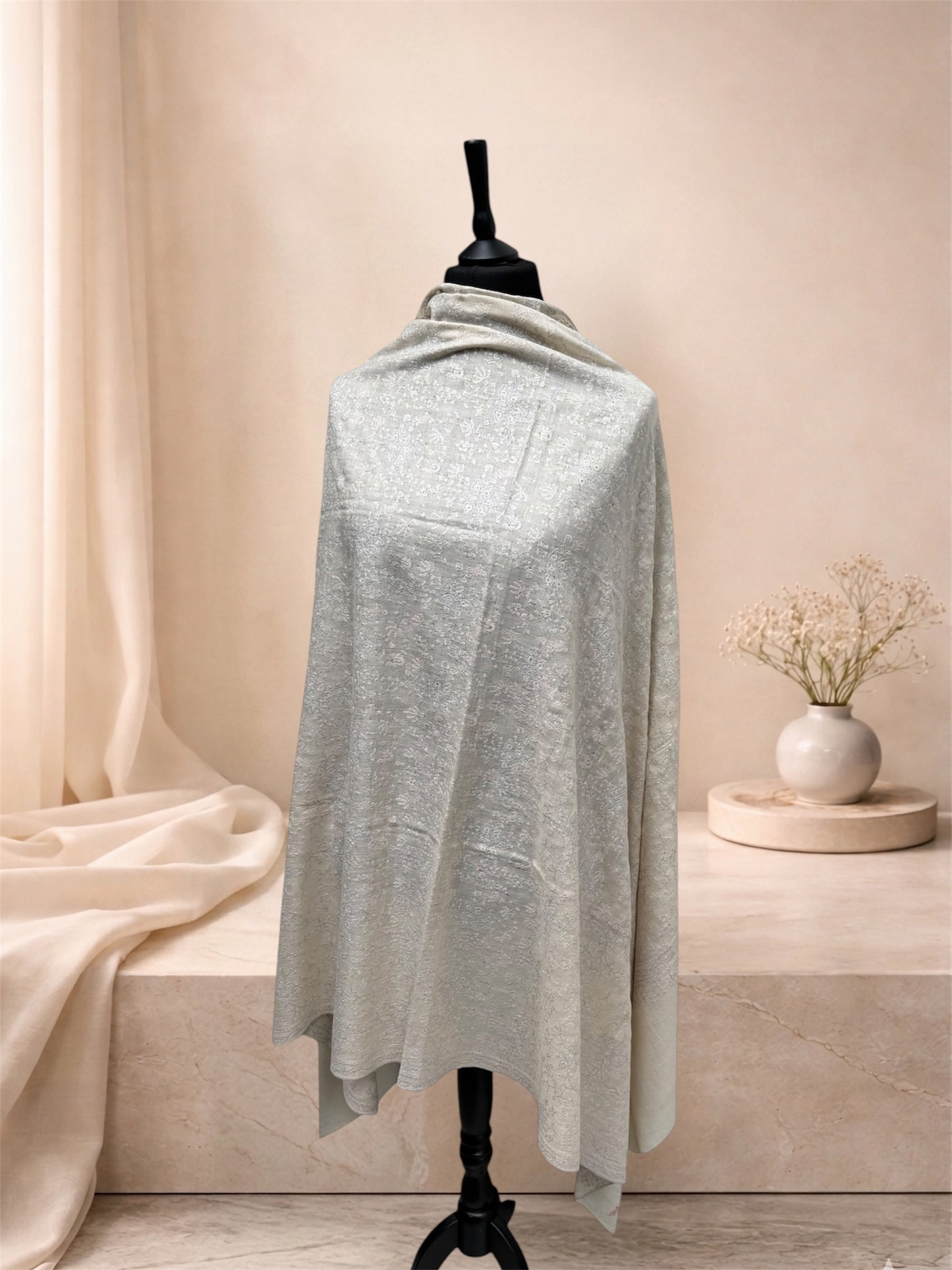 Ivory Pure Pashmina Shawl with Sozni Embroidery Floral Jaal