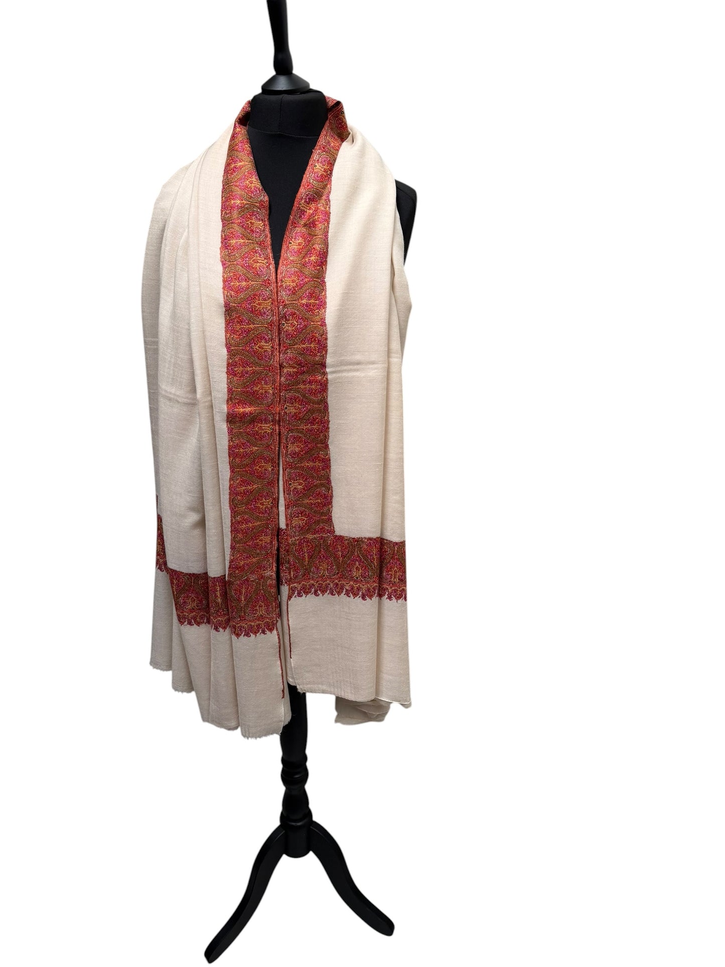 Ivory Pashmina Shawl with Sozni Paisley Border Embroidery