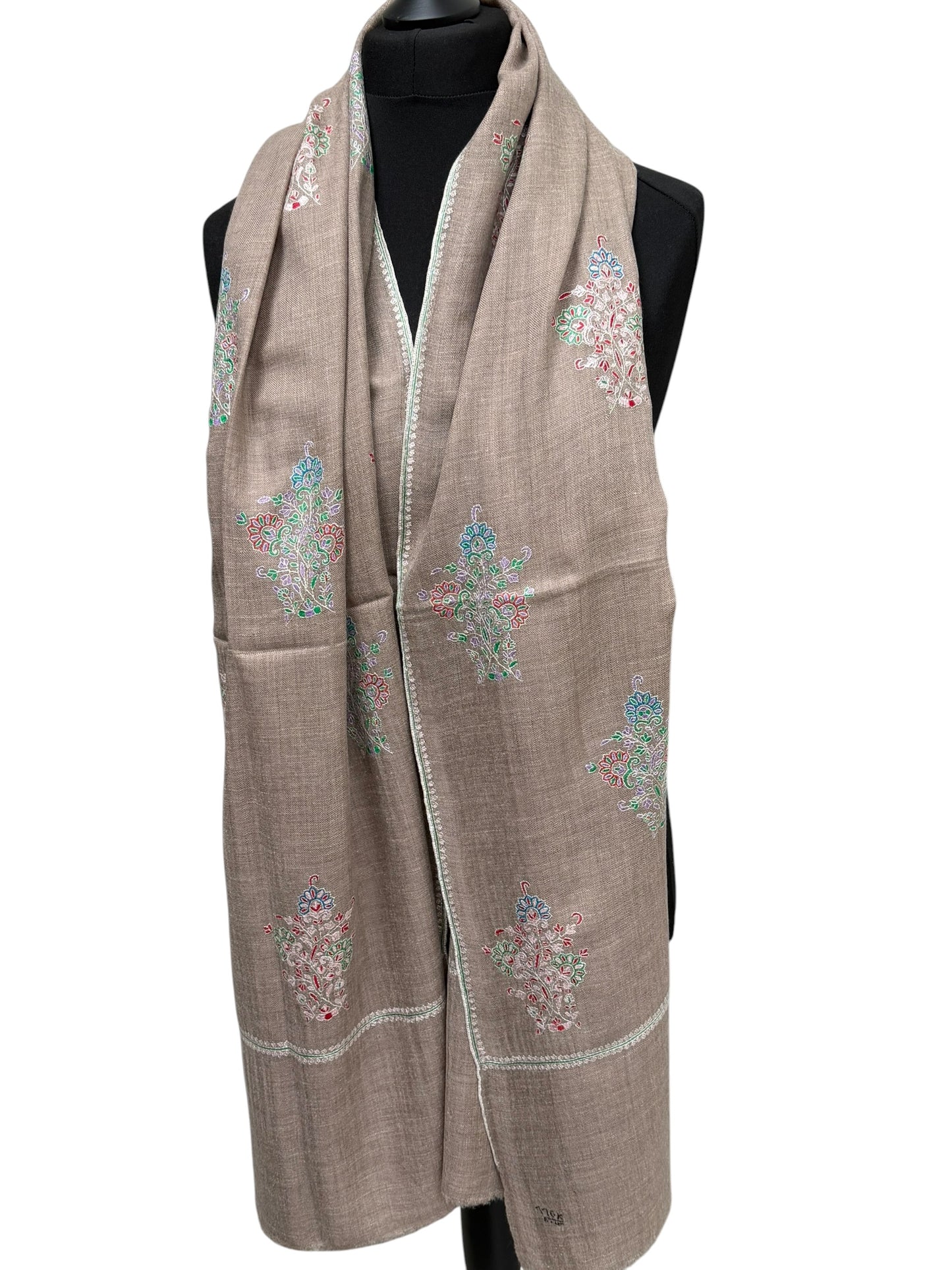 Natural Taupe Pashmina Shawl with Sozni Embroidery Buta Motifs