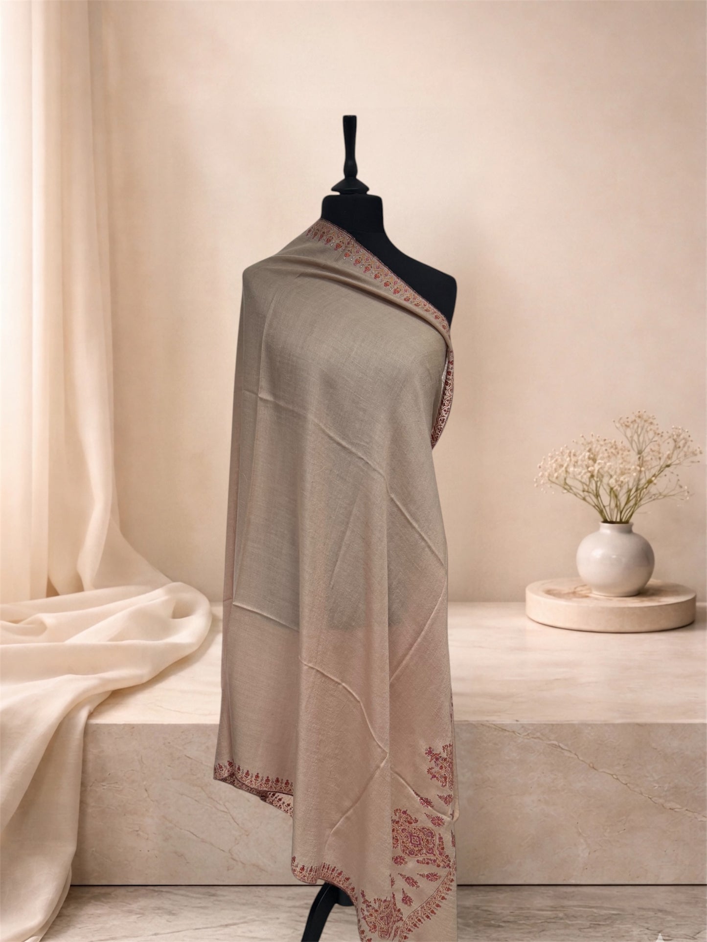 Beige Pashmina Shawl with Sozni Paisley Border Embroidery