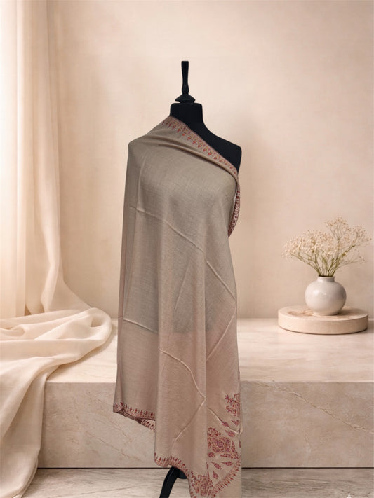 Beige Pashmina Shawl with Sozni Paisley Border Embroidery